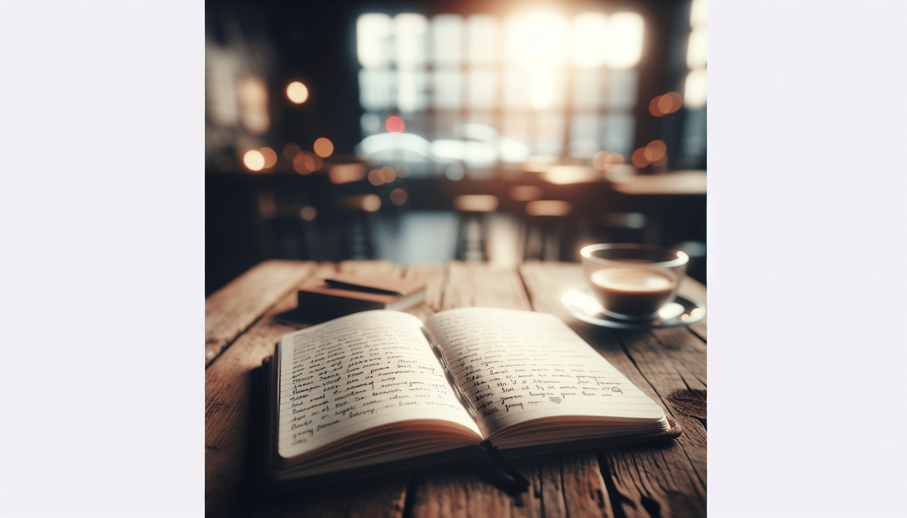 Open notebook on a rustic table, cozy ambiance.