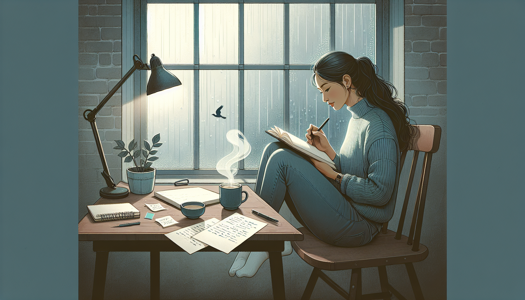 Writer at a cozy desk, inspired by rain.