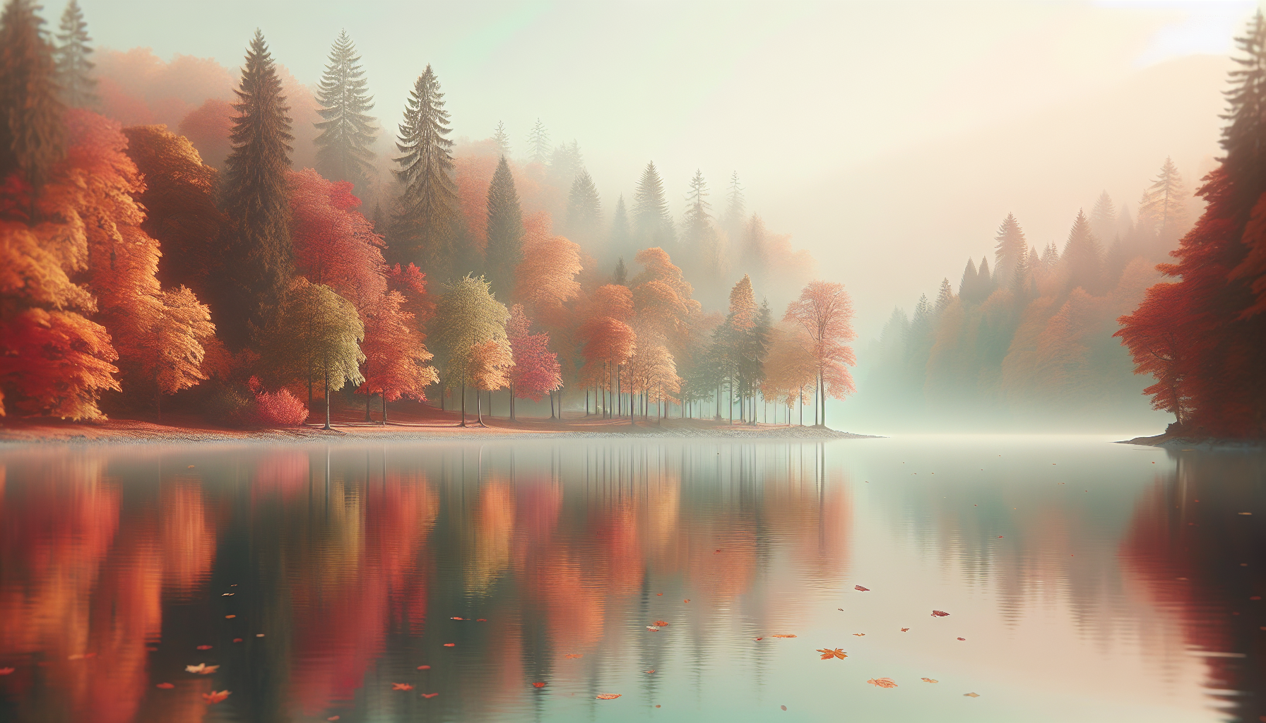 Calm autumn lakeside with colorful tree reflections.