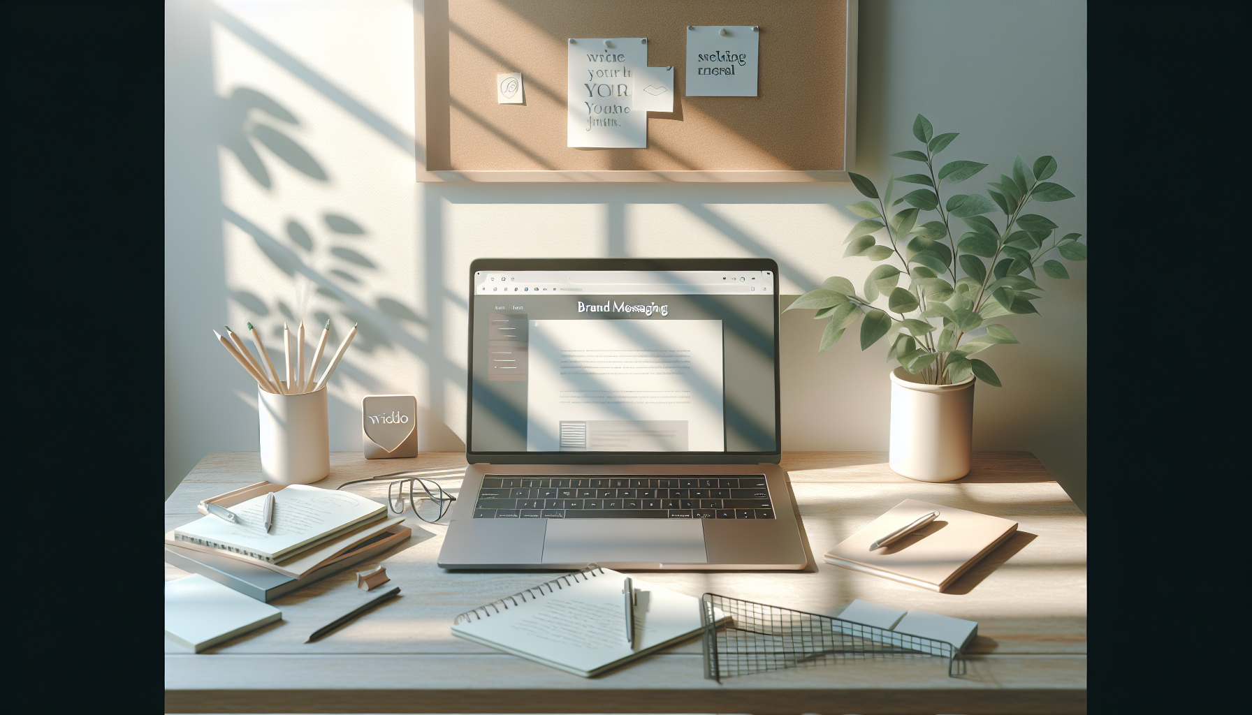 Serene workspace with laptop, greenery, and stationery.