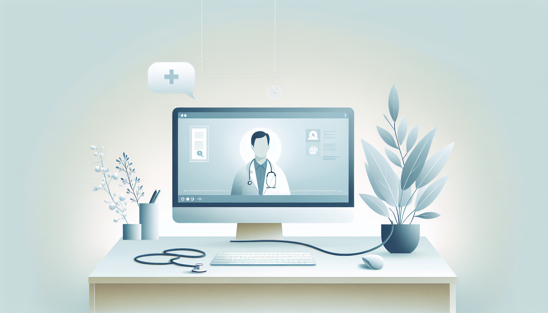 Telehealth consultation with technology and care elements.