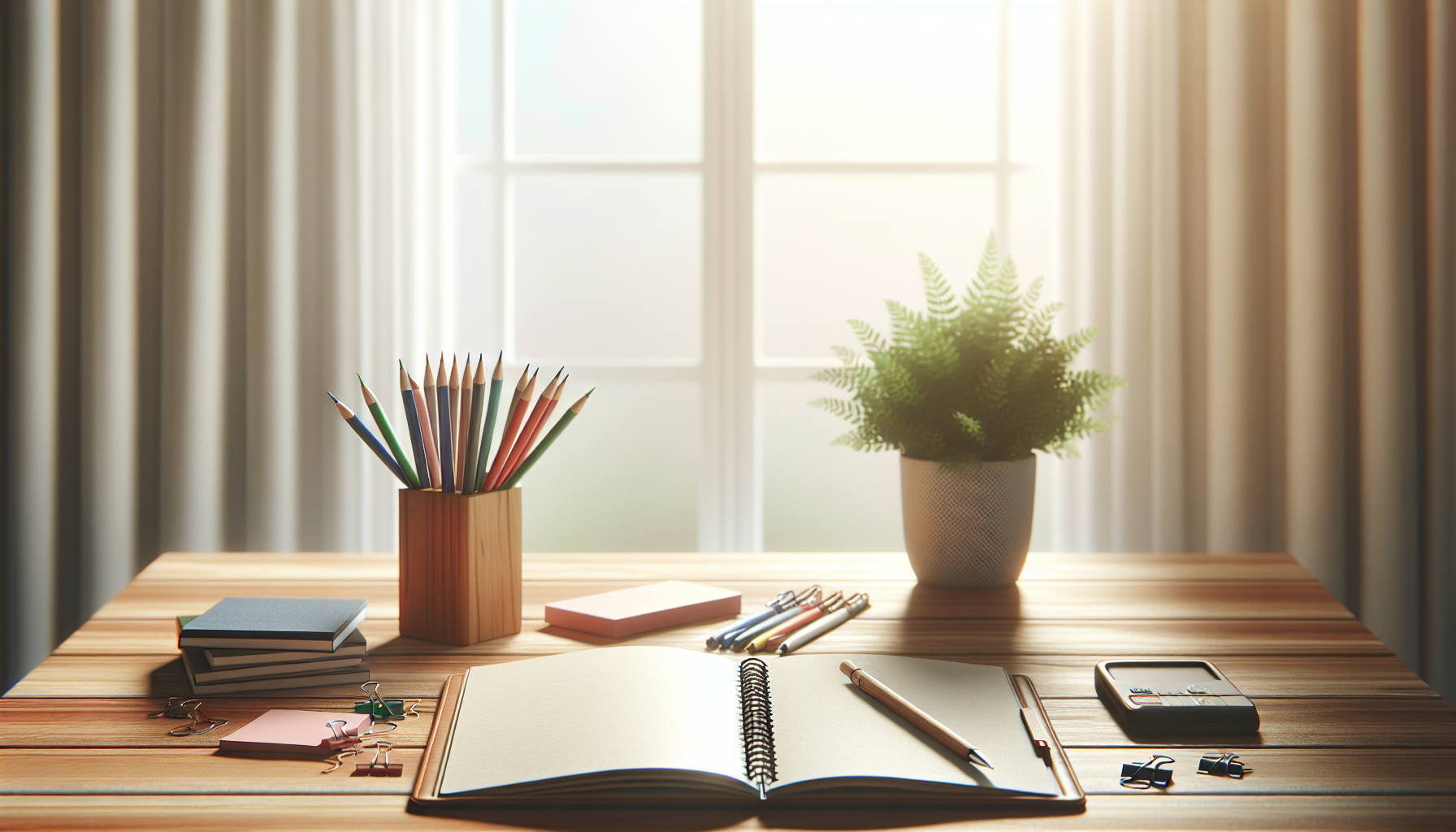 Serene study space with organized desk and plant.