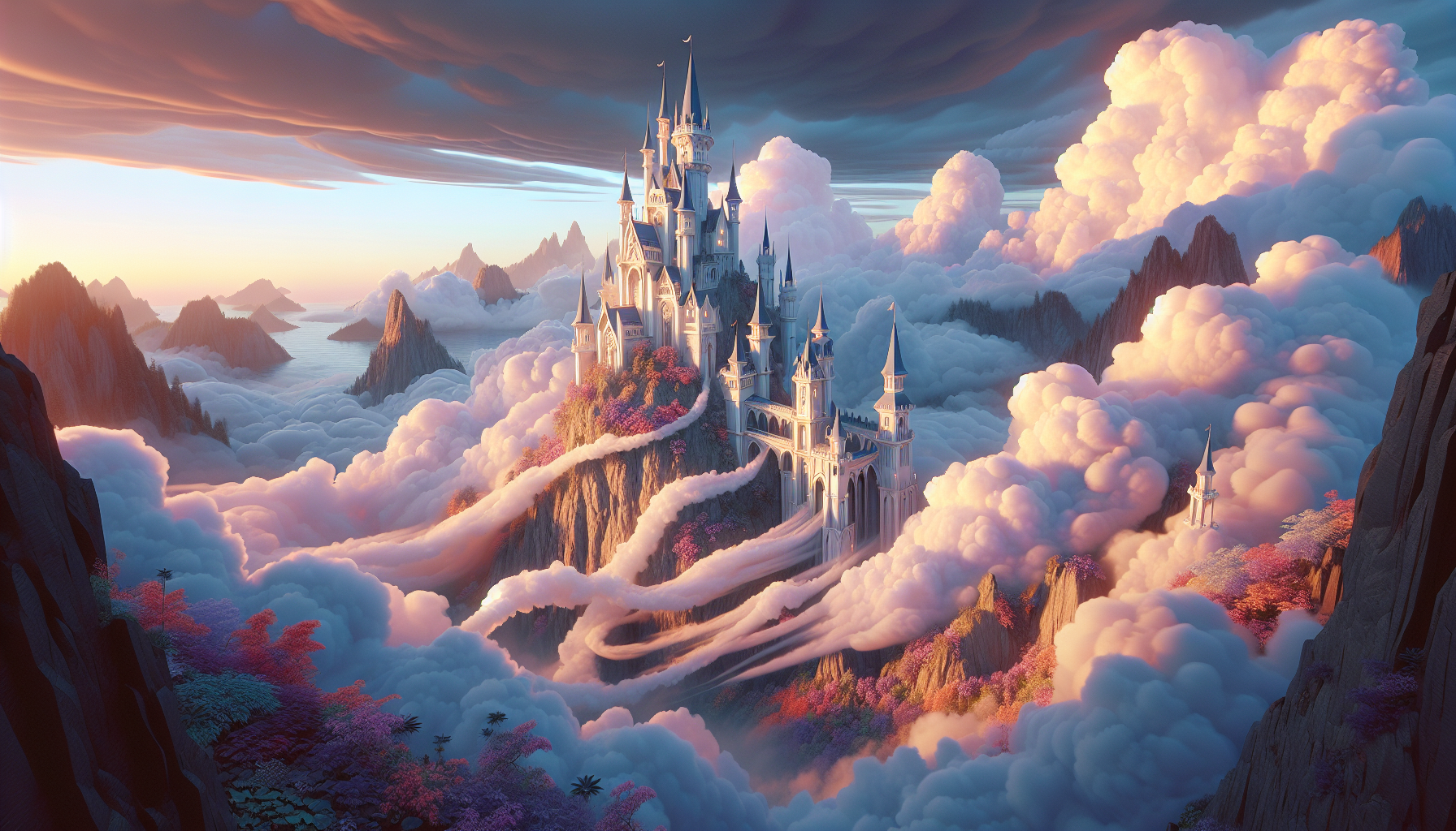 Enchanted castle on a cloud-covered mountain.