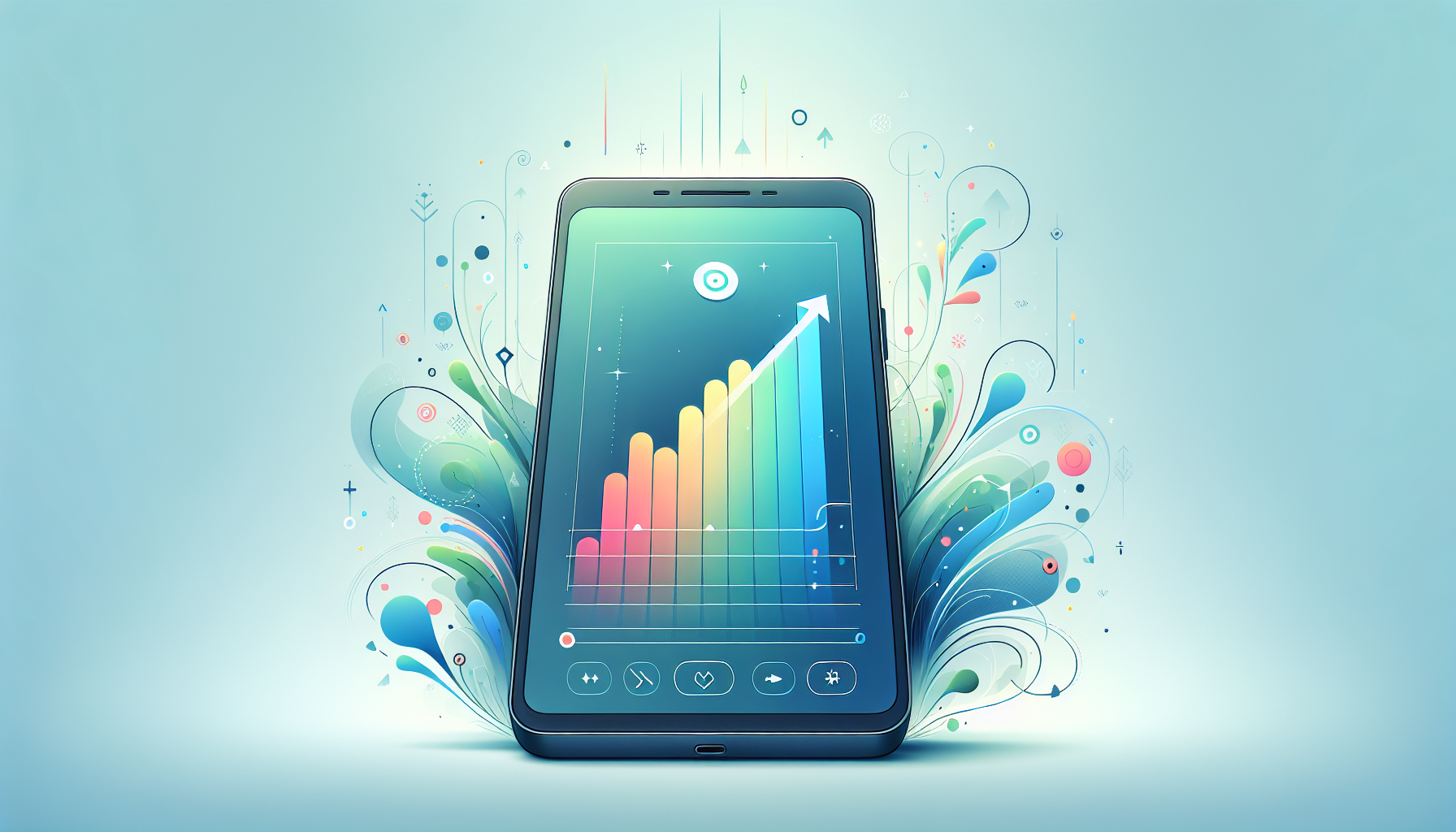 Smartphone displaying colorful app marketing concept.