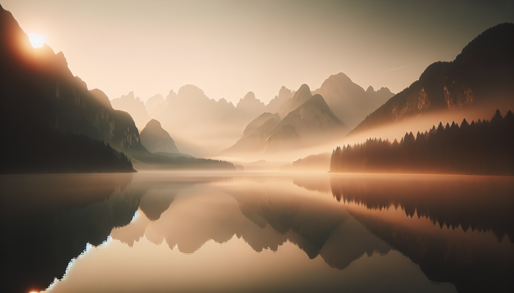 Serene mountain landscape at sunrise with mist.