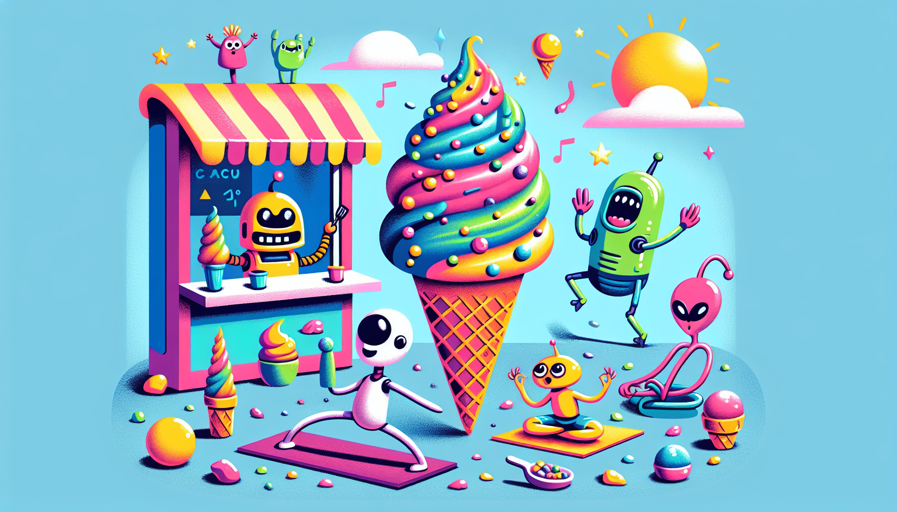 Whimsical ice cream shop with aliens and robot.