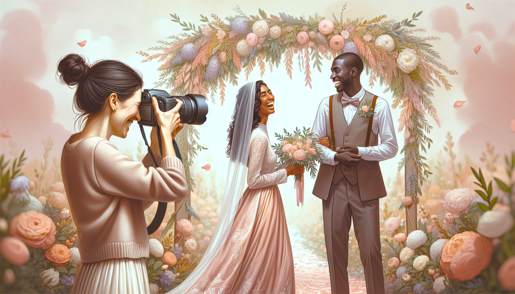 Photographer capturing joyful couple at outdoor wedding.