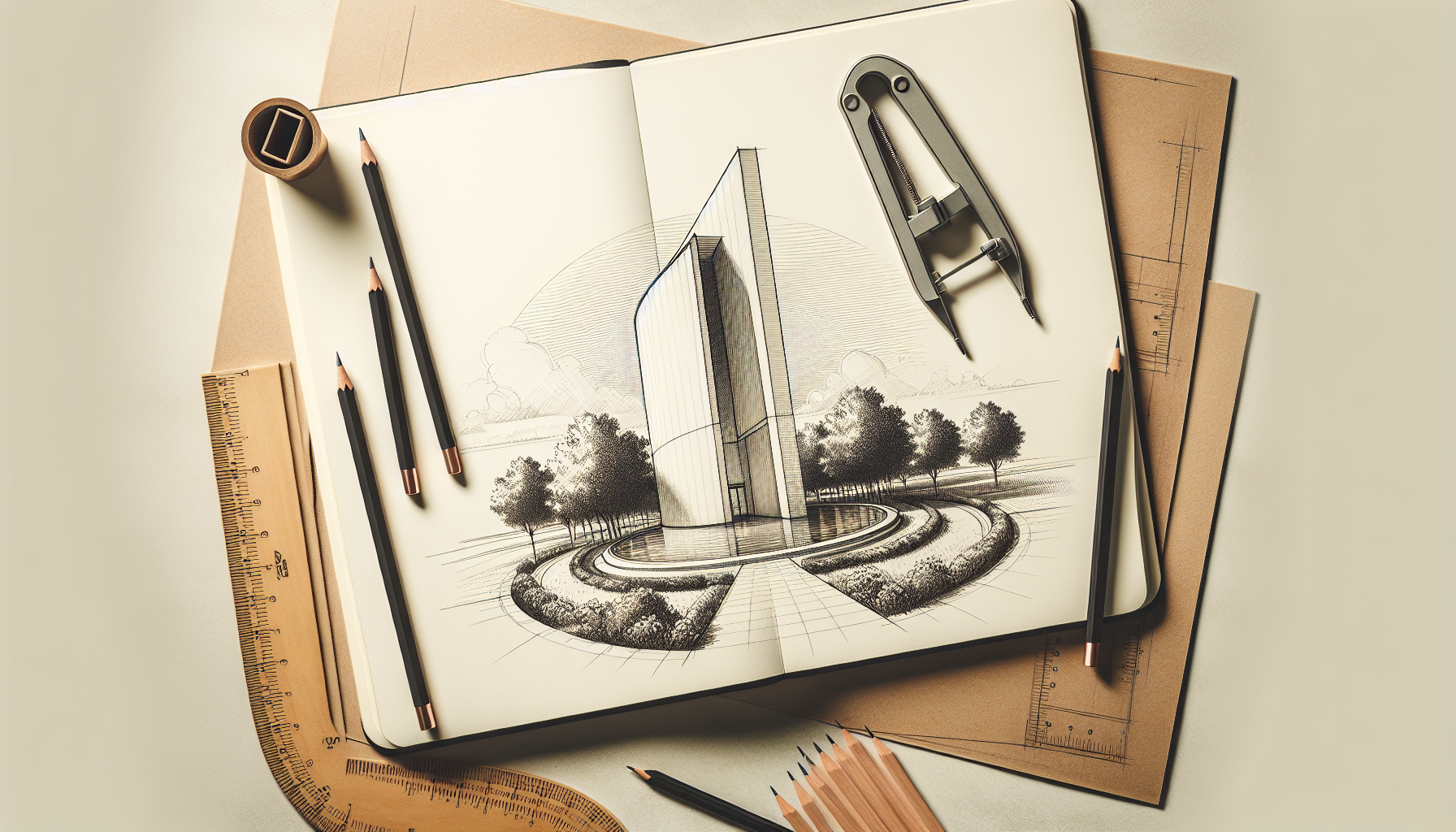 Minimalist architectural sketching with tools and notebook.