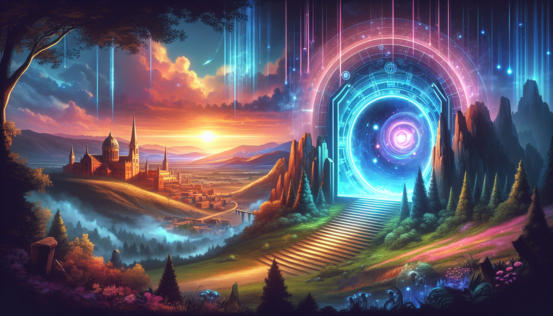 “Enchanting fantasy landscape with a glowing portal.”