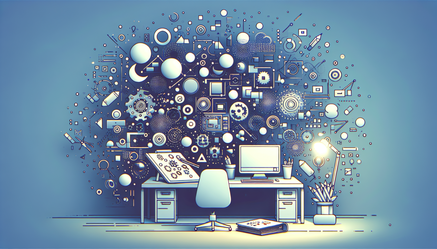 Illustration of serene workspace with 3D software logos.