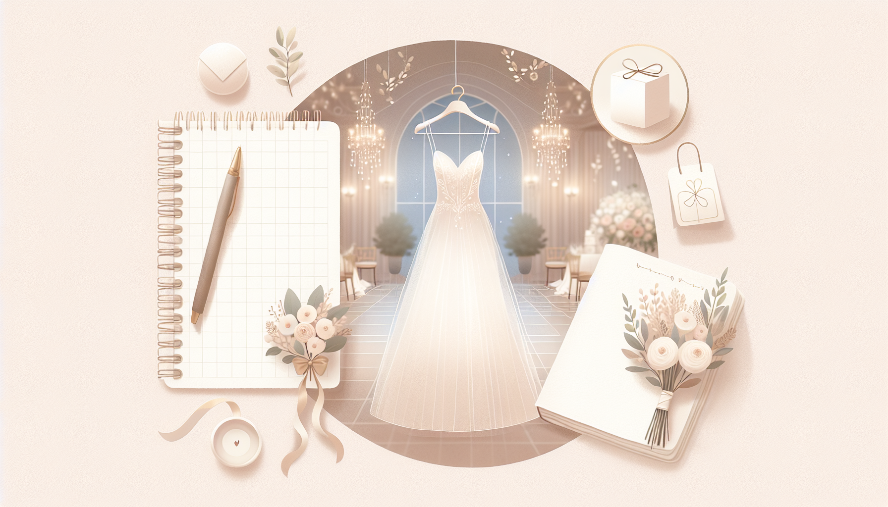 "Minimalist wedding planning scene with soft elegance."