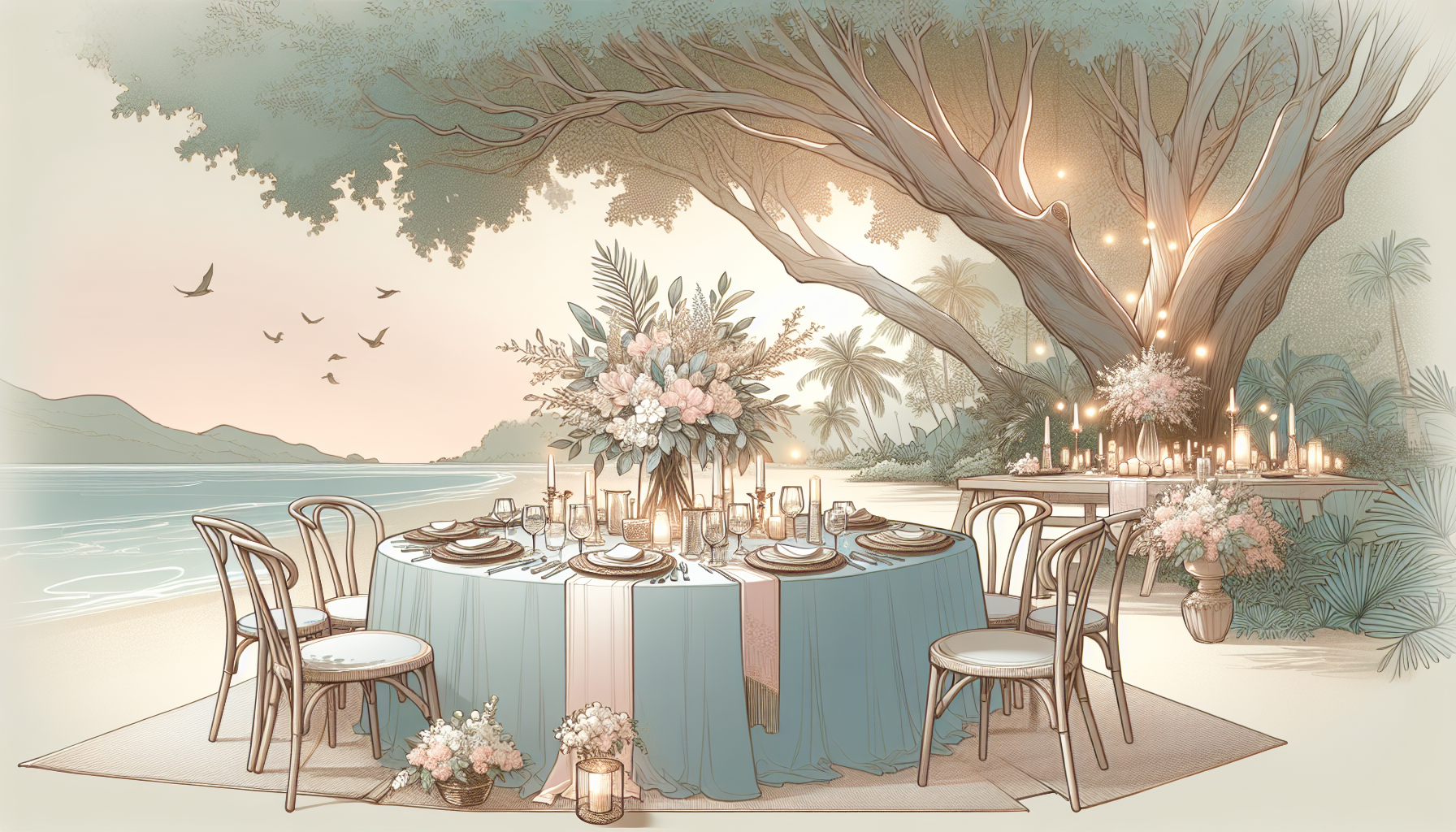 Elegant outdoor event setting under a tree.