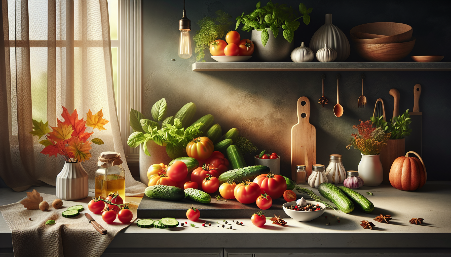 Cozy kitchen counter with fresh seasonal vegetables.