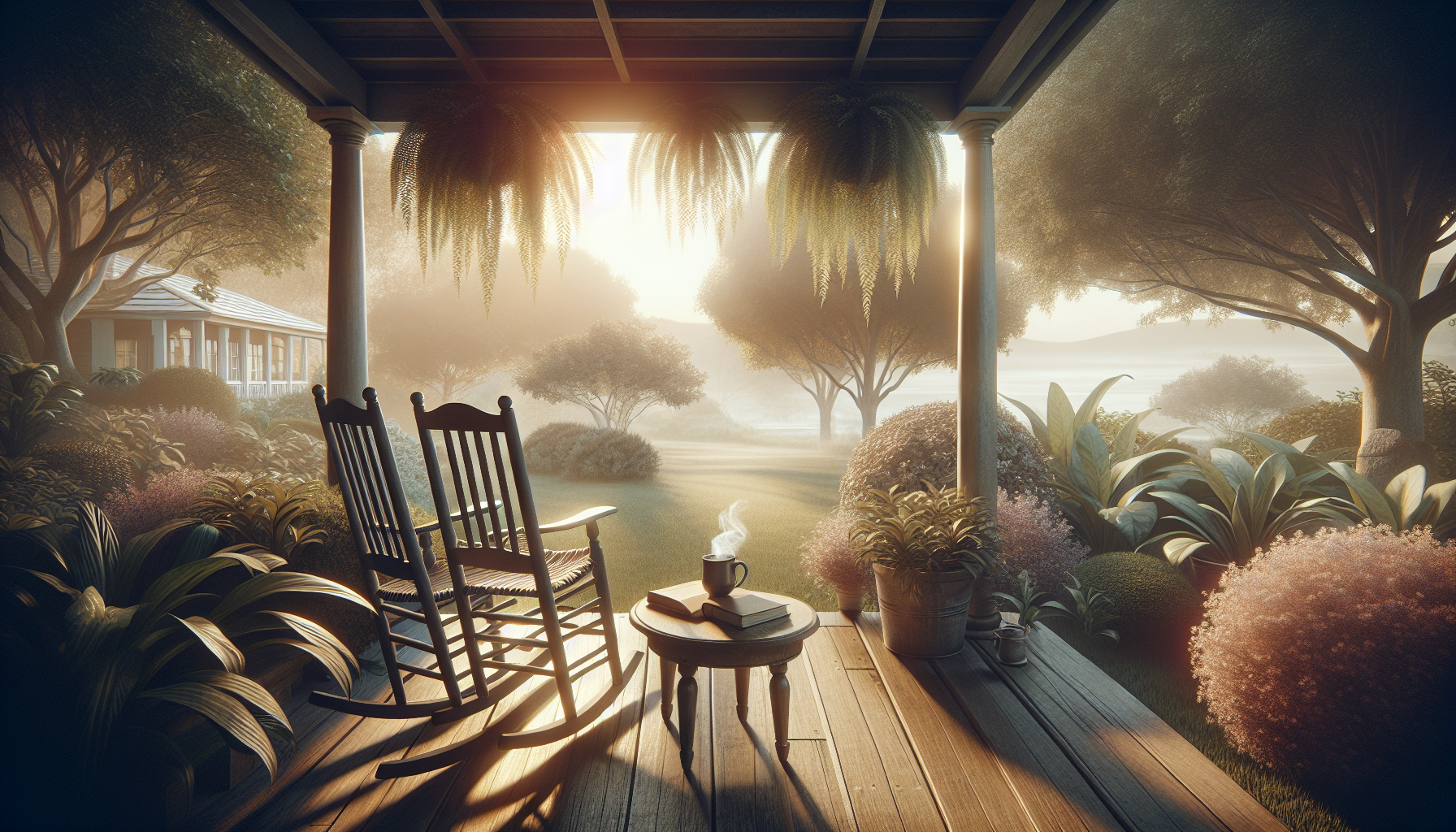 Serene retirement scene with rocking chairs and tea.