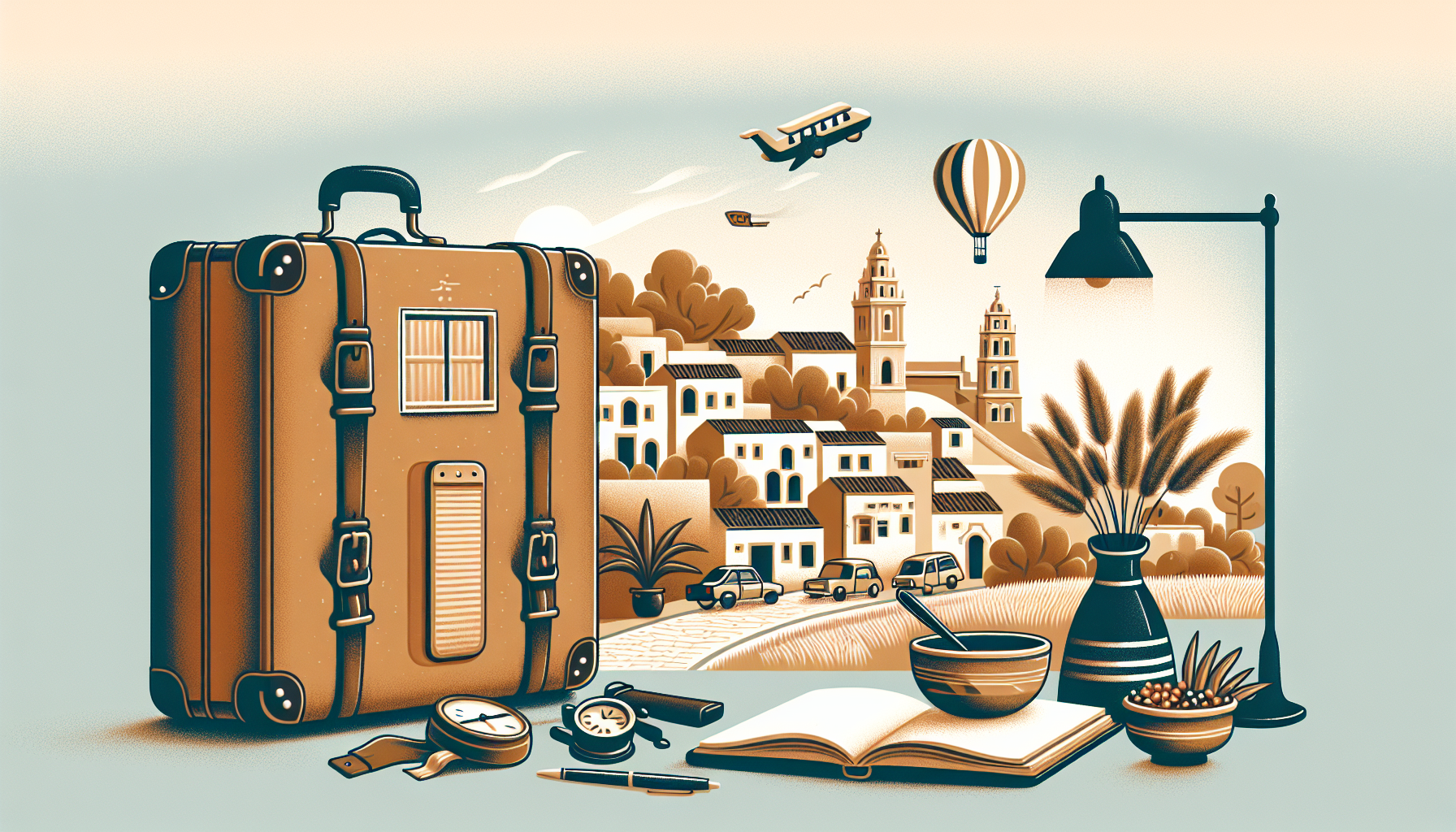 Vintage suitcase surrounded by travel culture.