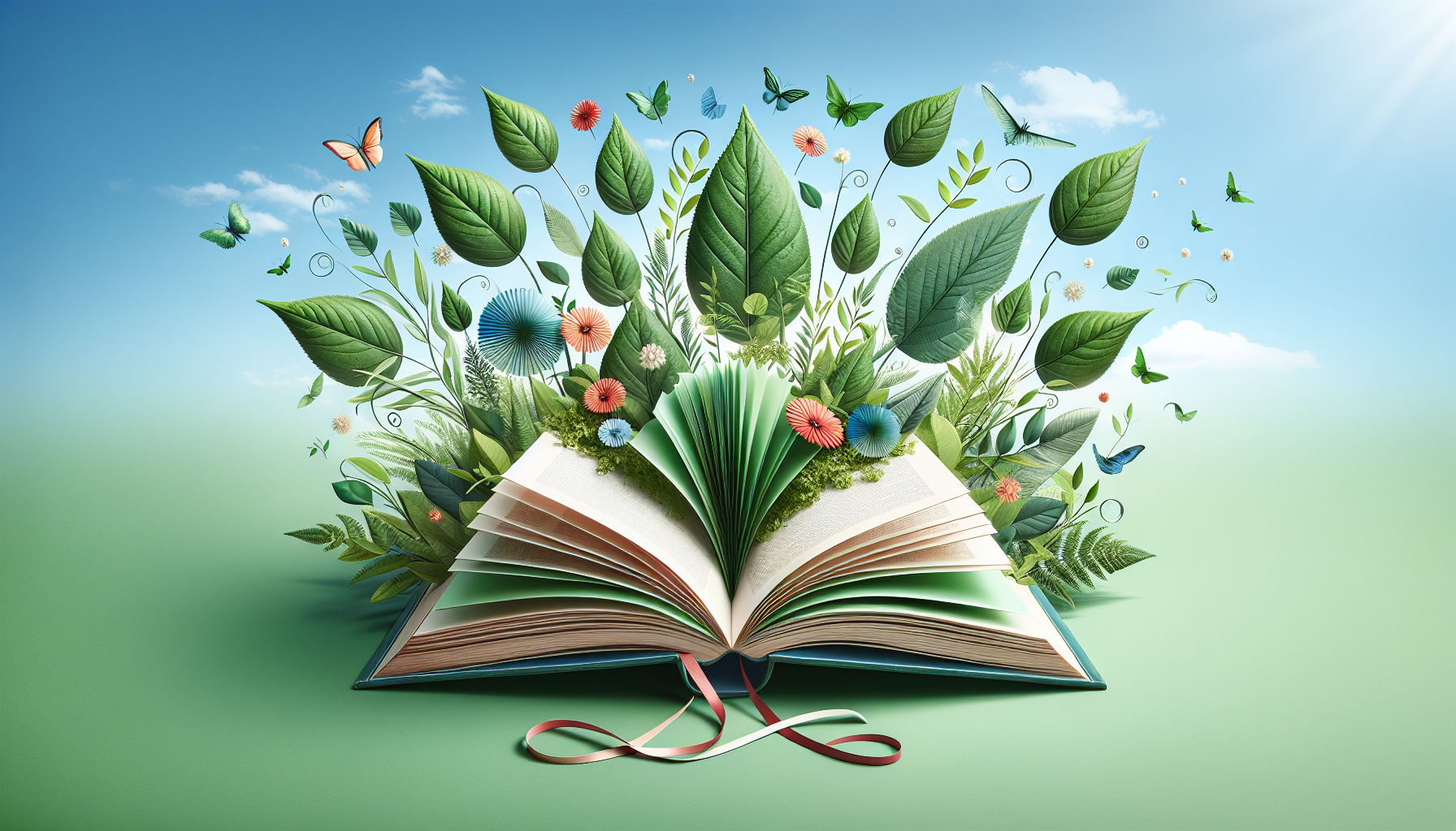 Open book surrounded by green leaves symbolizing sustainability.