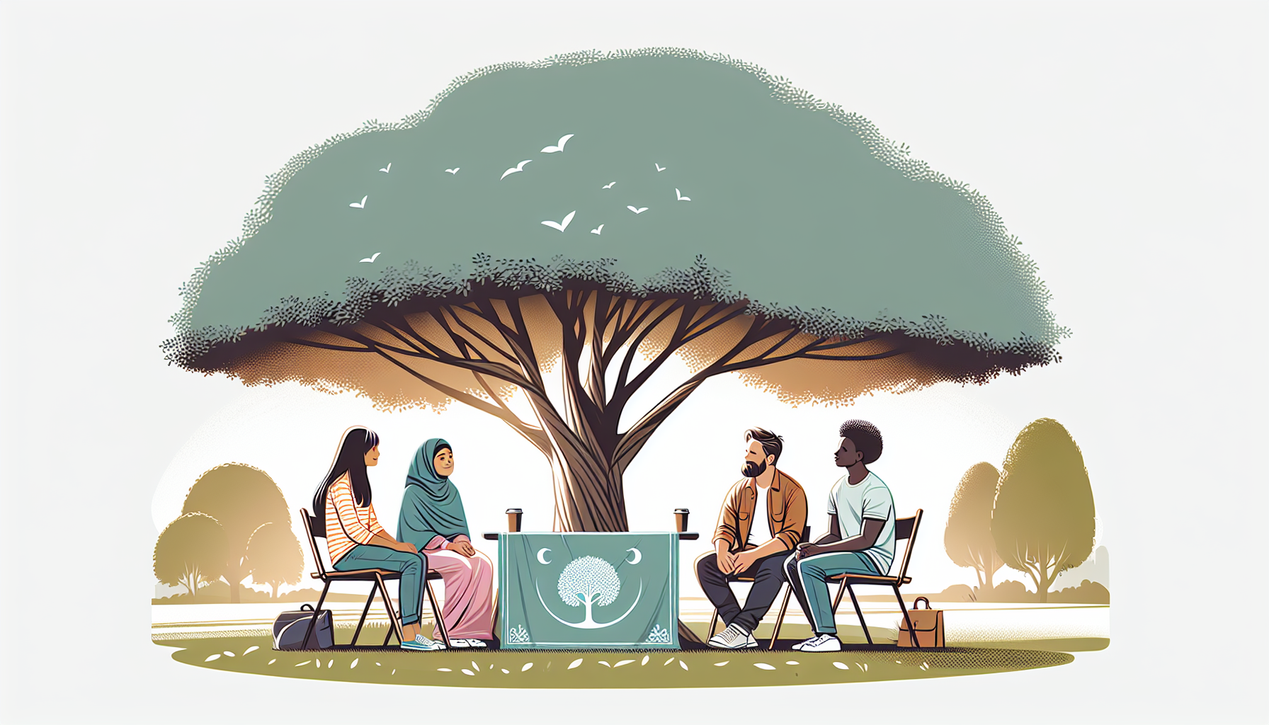 Diverse people connecting under a shady tree.