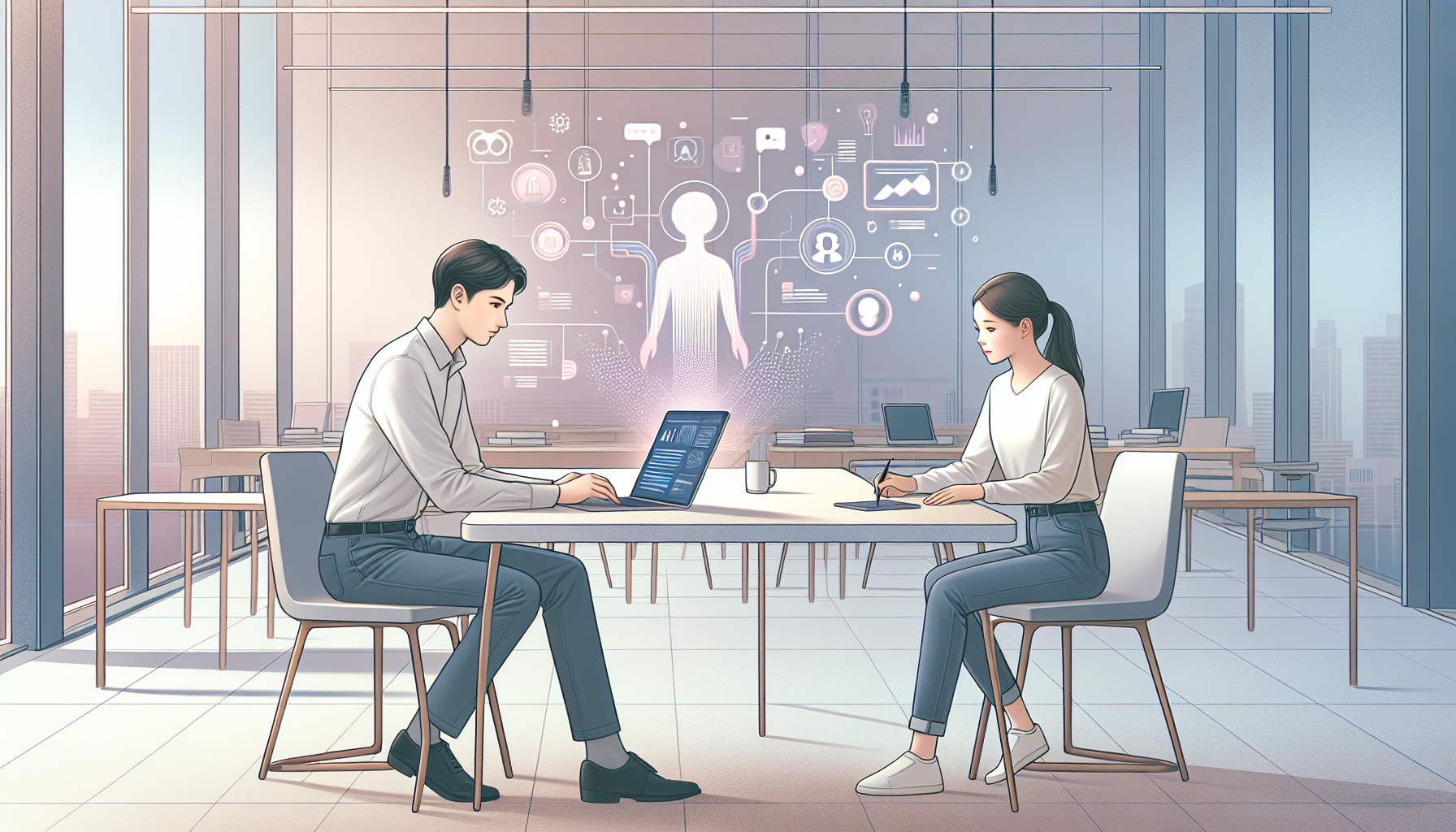 Researchers collaborating with AI in a serene workspace.