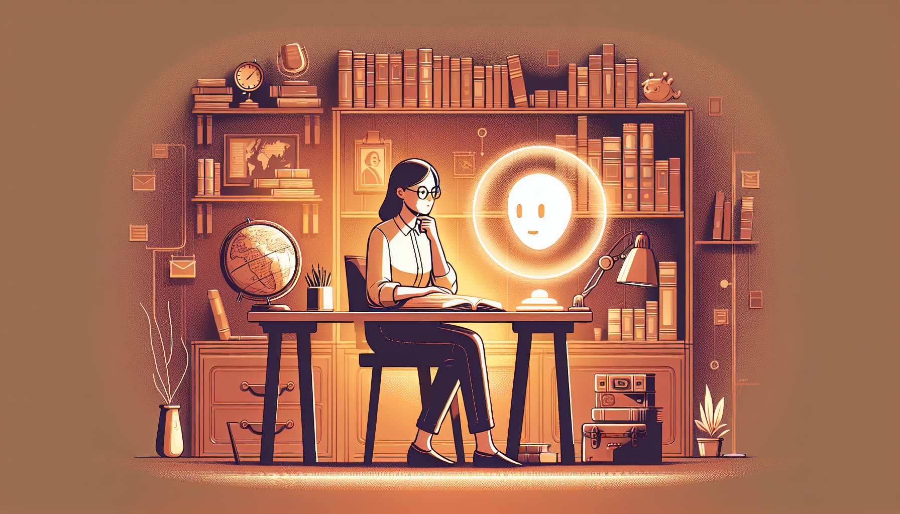 Researcher converses with a glowing AI orb.