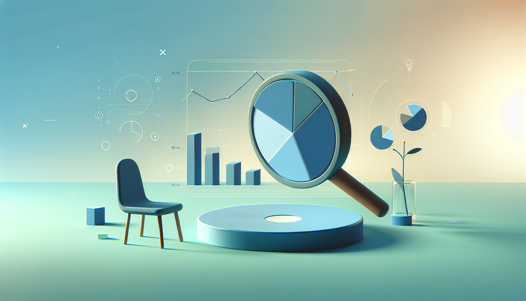 Magnifying glass over segmented pie chart.