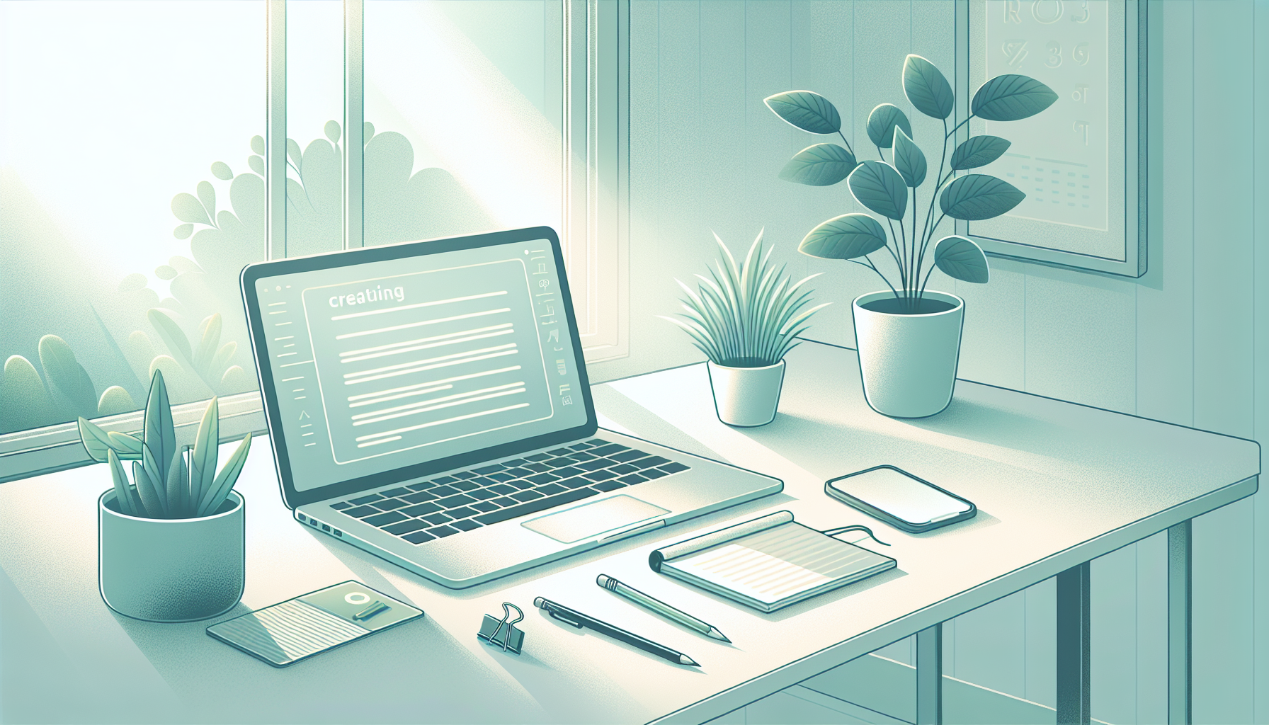 Serene office desk with laptop and plant.