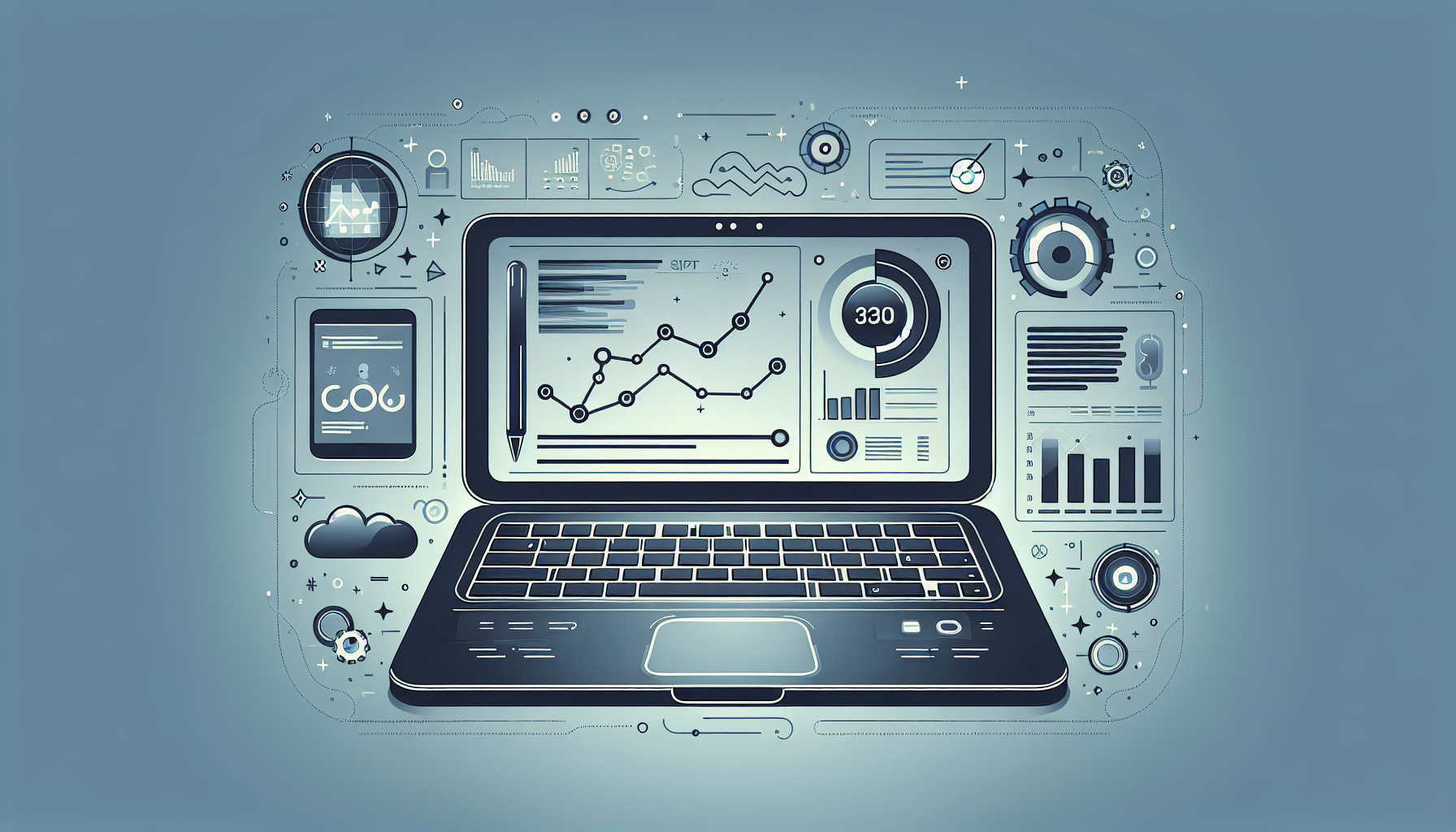 Laptop displaying automated SEO report with graphs.