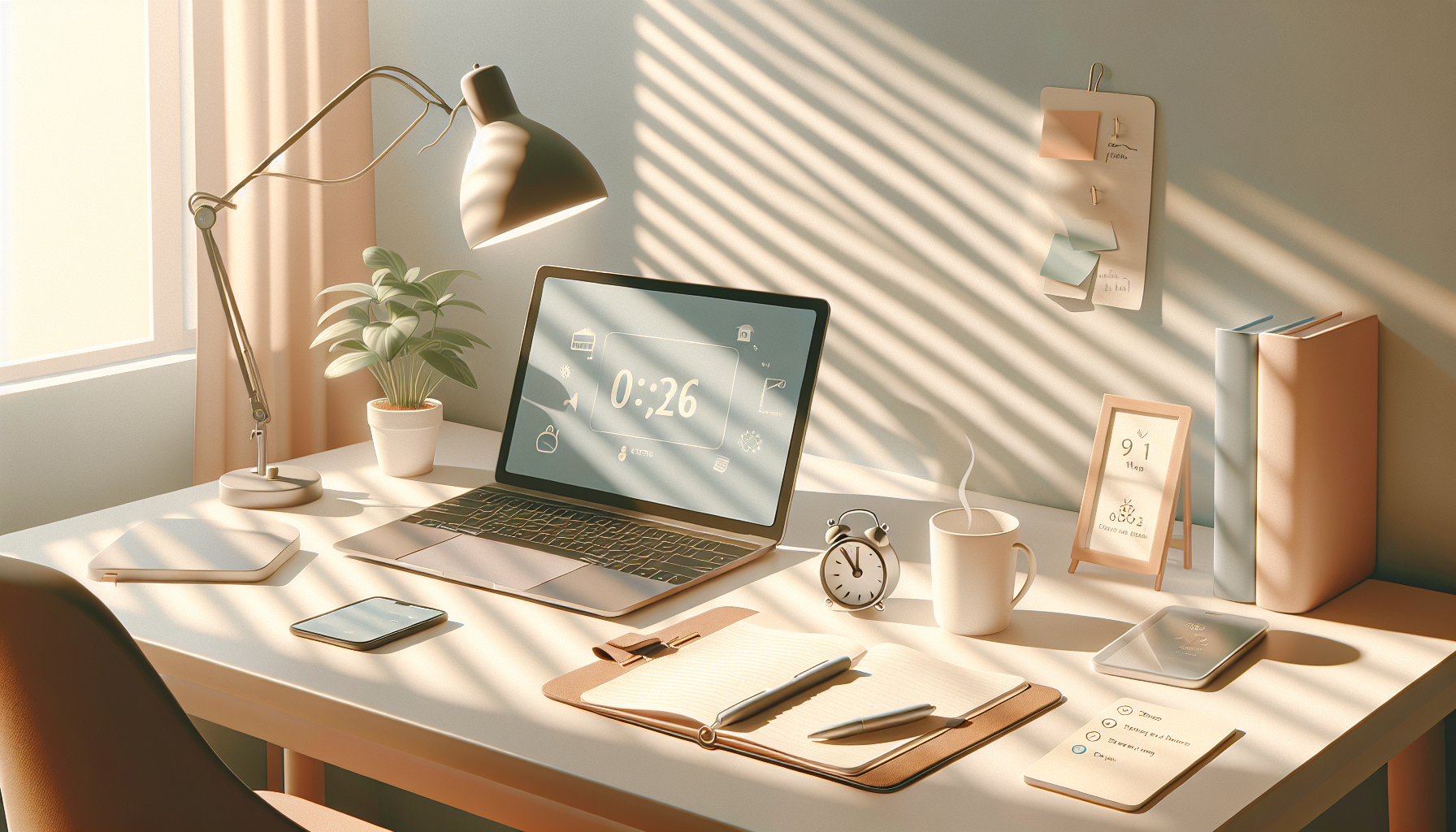 Minimalist remote workspace with calming elements.