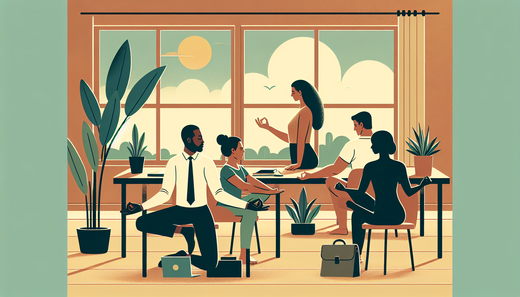 "Diverse employees practicing yoga in a serene office."