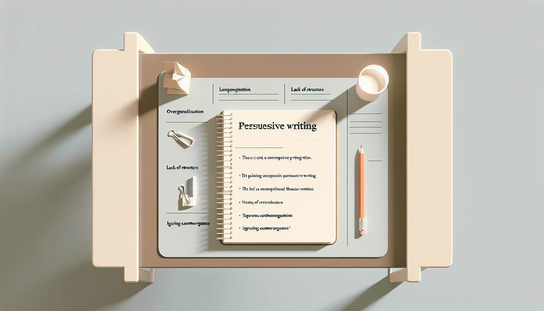 "Desk scene highlighting persuasive writing techniques."