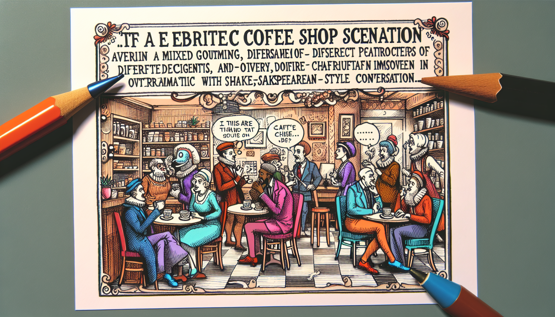 Whimsical coffee shop with quirky Shakespearean characters.