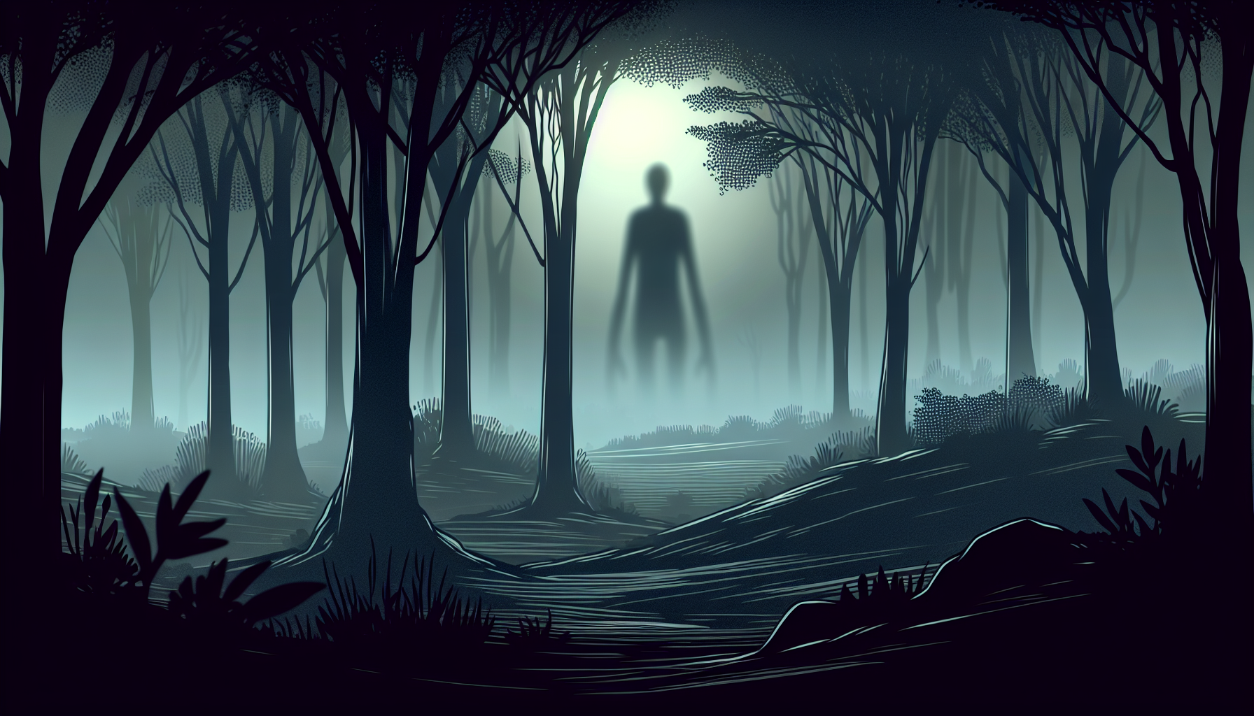 Eerie forest at night with shadowy figure.