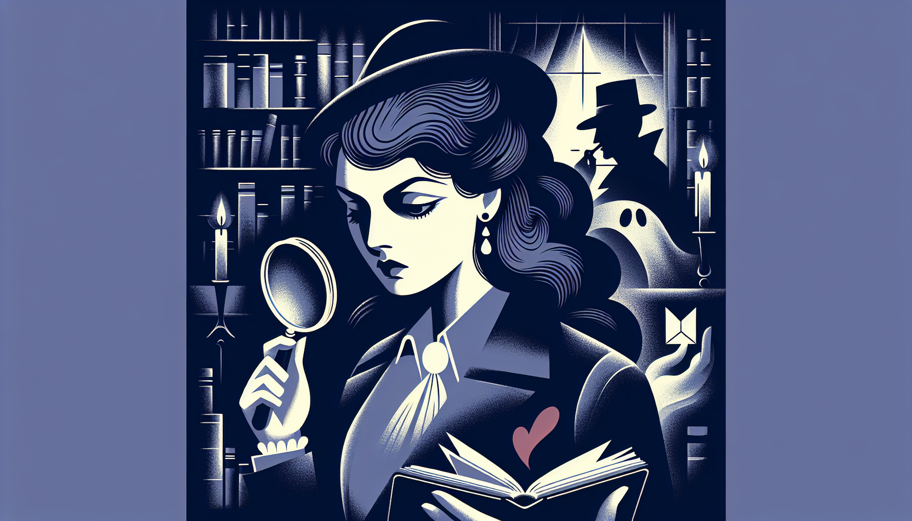 Detective in library, blending mystery, romance, horror.