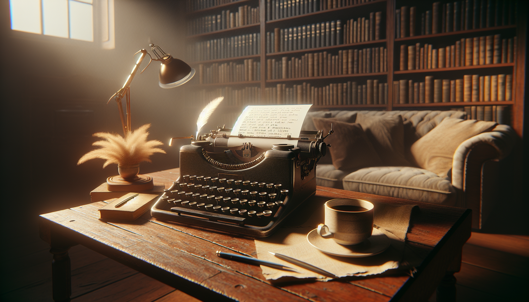 Cozy writer's desk with typewriter and coffee.