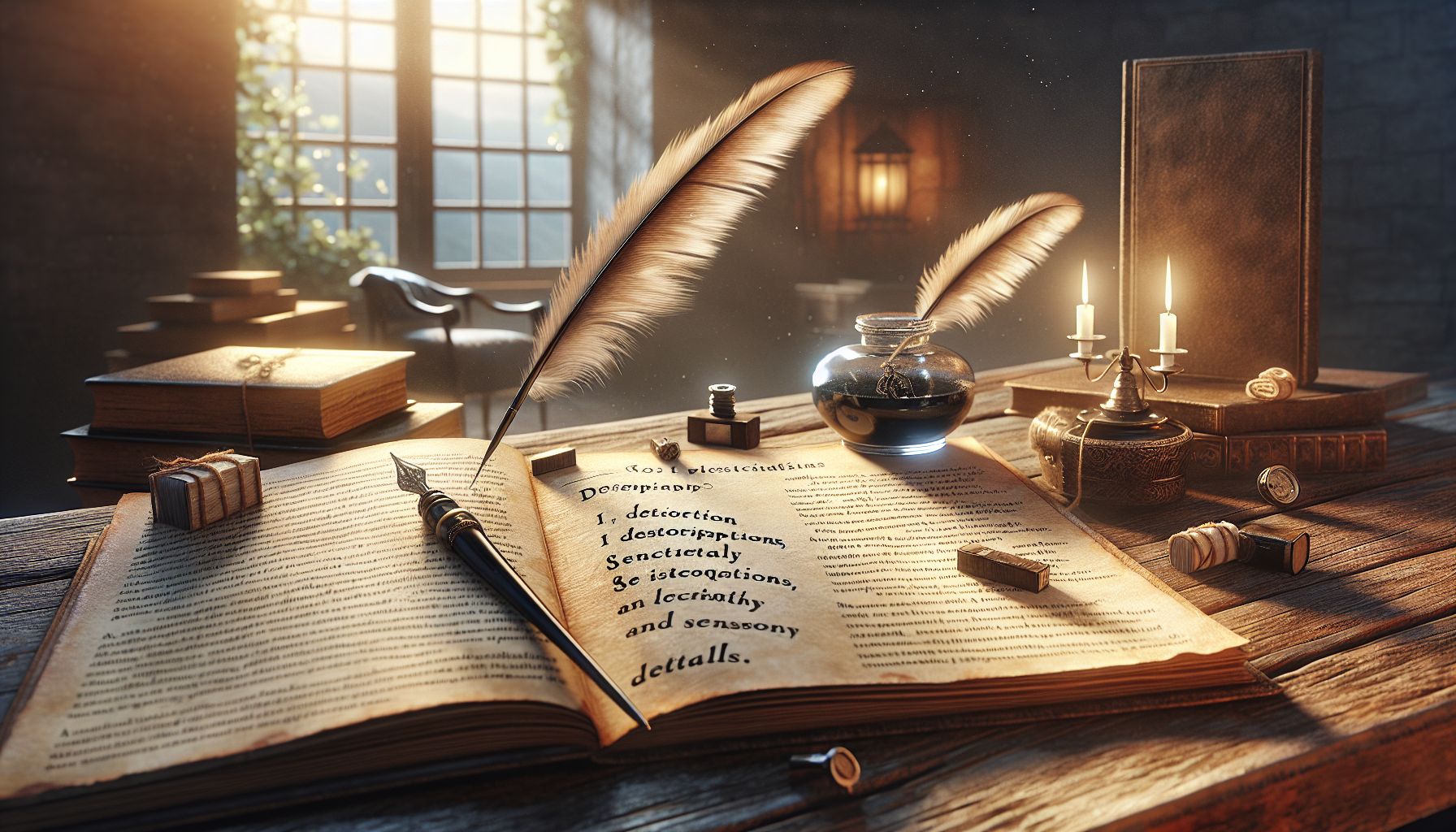 Open book with quill, serene writing space.