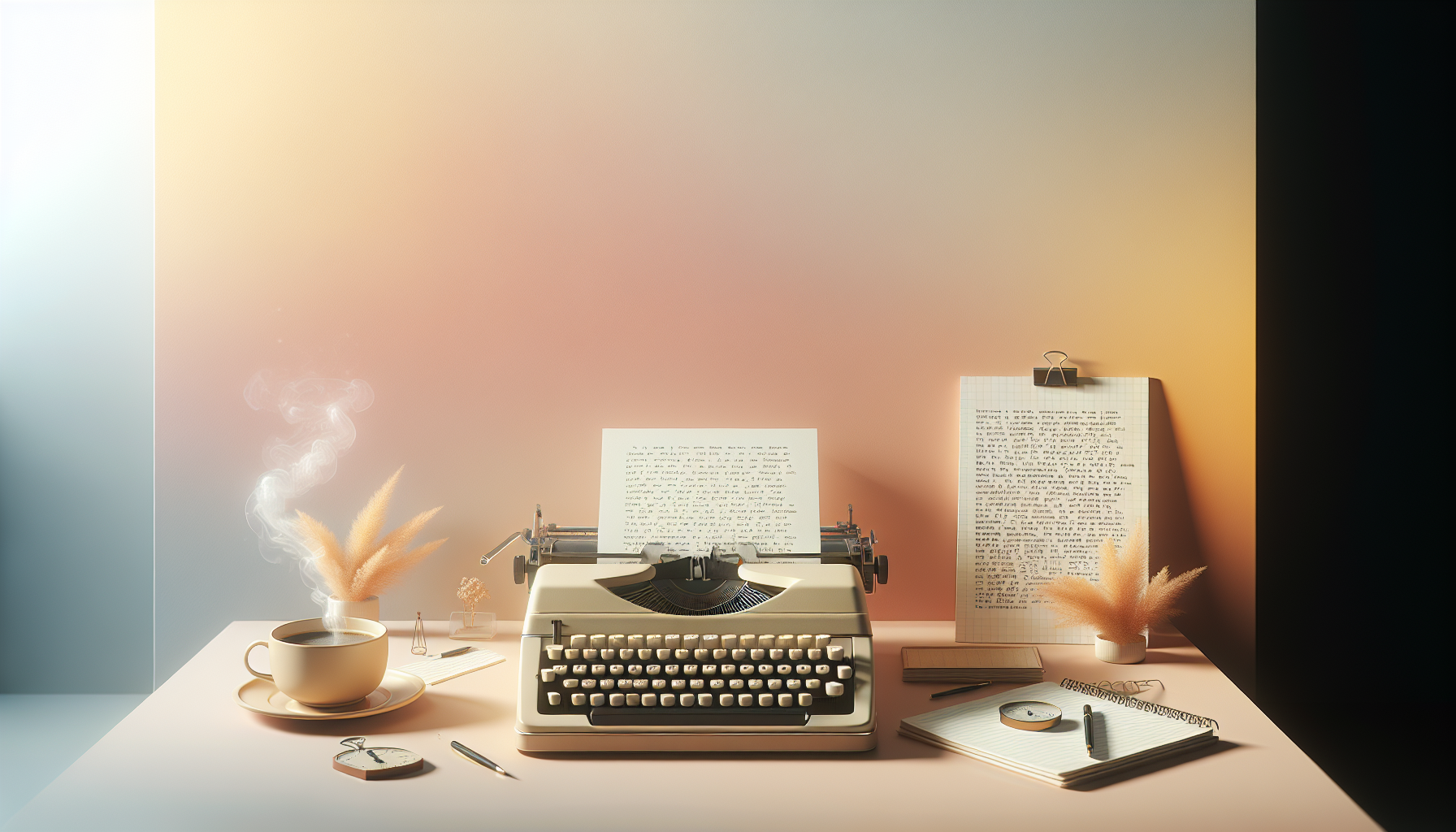 Minimalist desk with vintage typewriter, notepad, coffee.