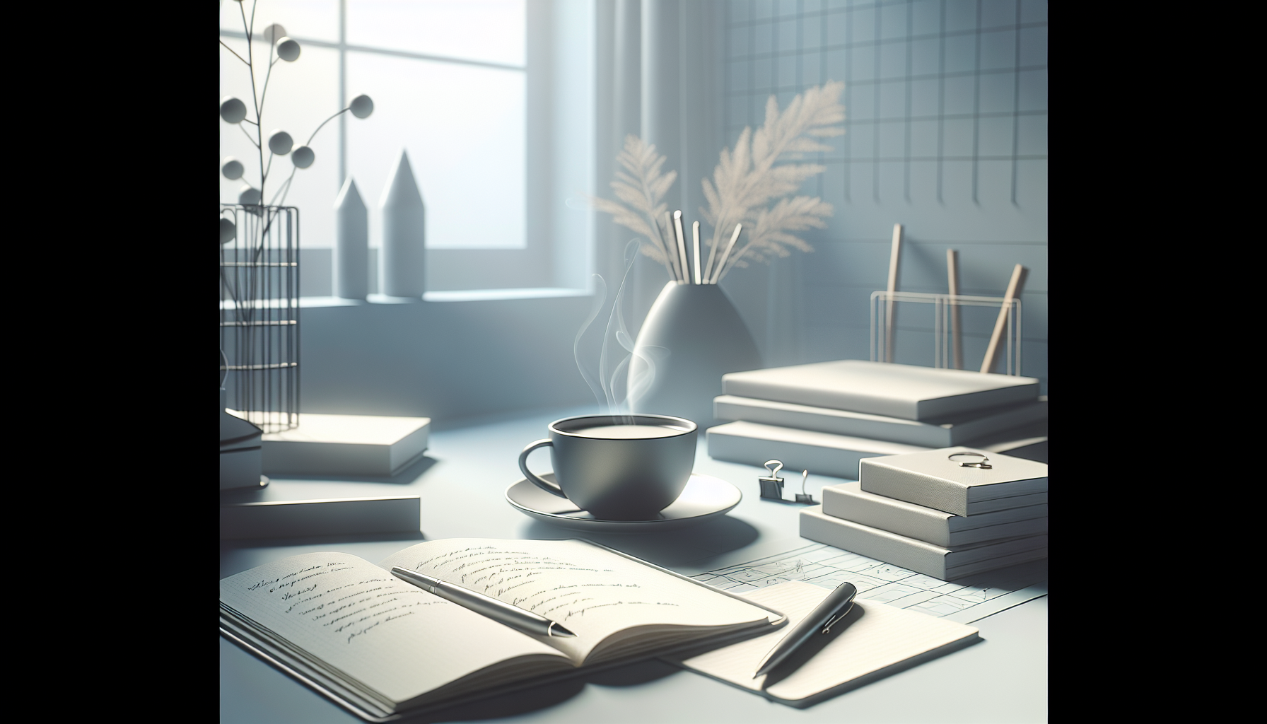 Serene writing desk with notes and coffee.