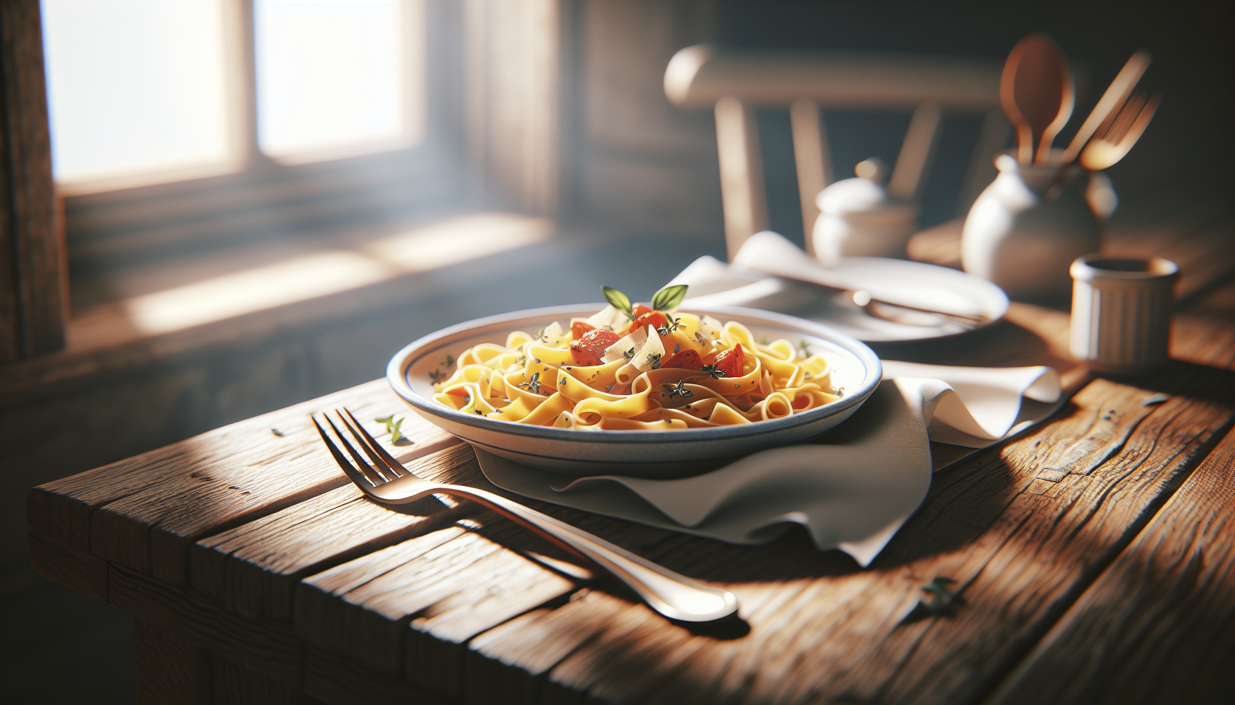 Plated pasta dish on a rustic table.