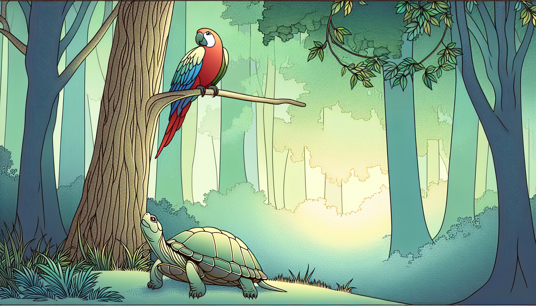 Turtle meets parrot in a serene forest.