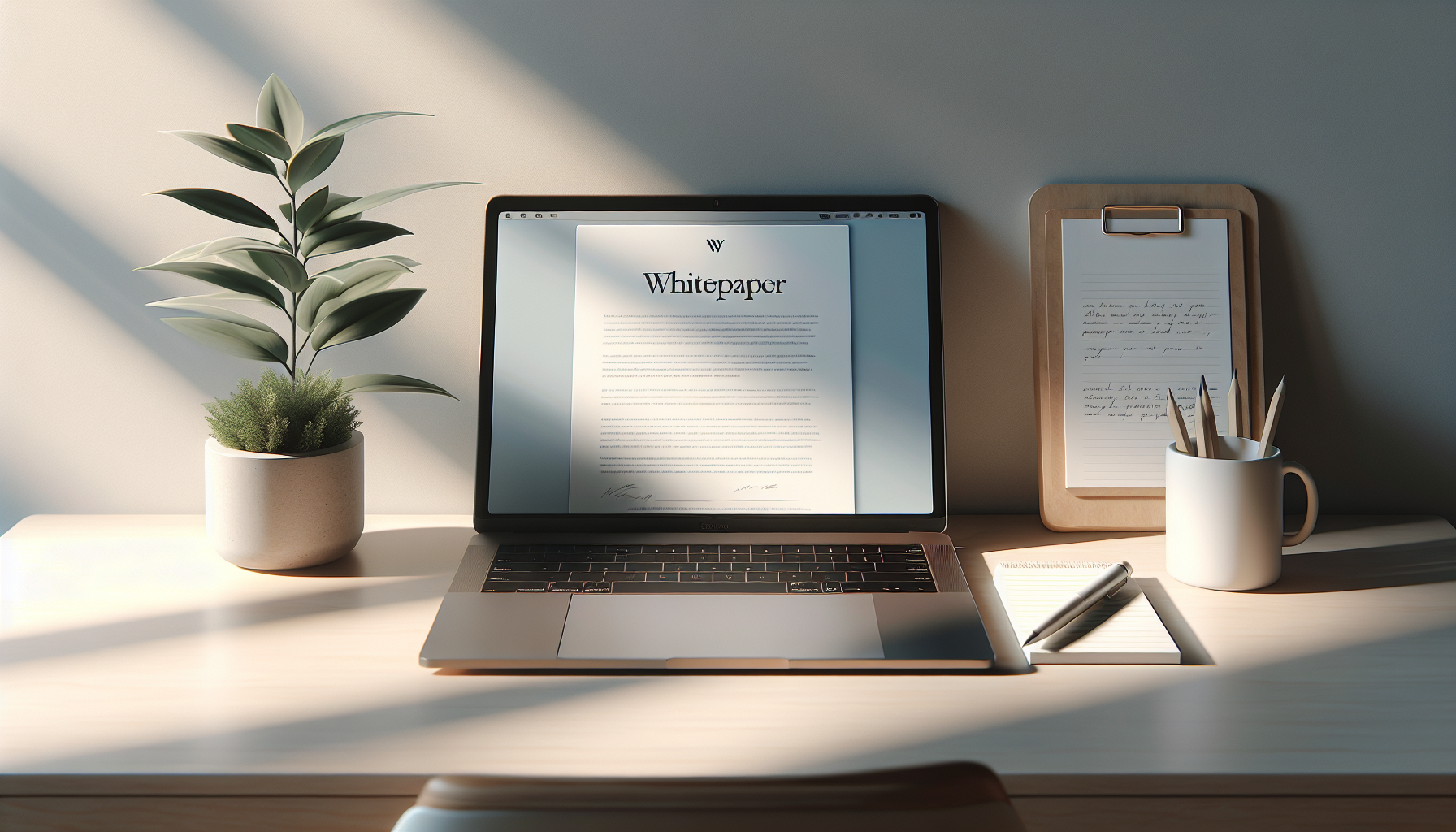 Serene writing workspace with laptop and notepad.