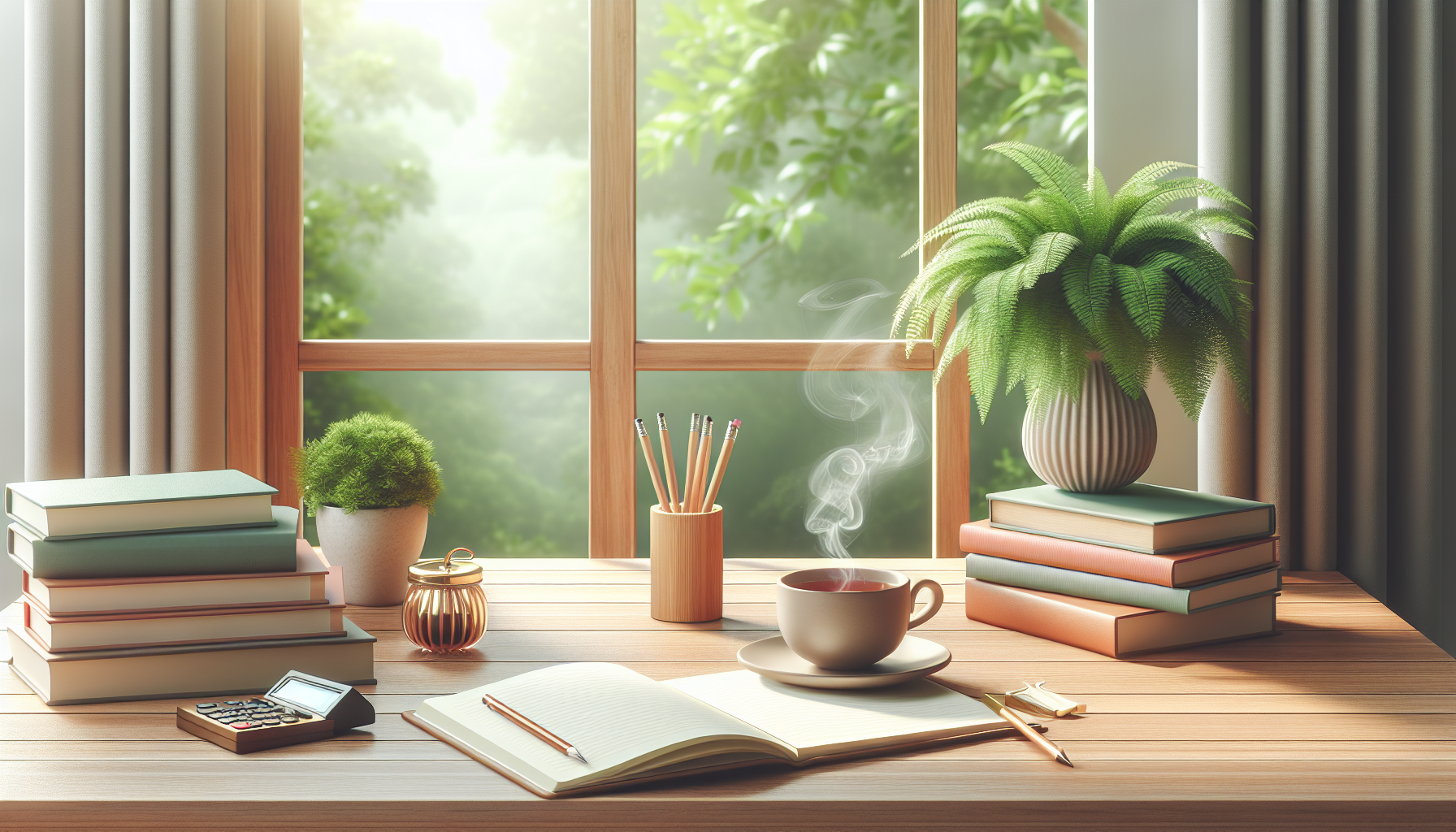 Serene study space with desk, notebook, and tea.