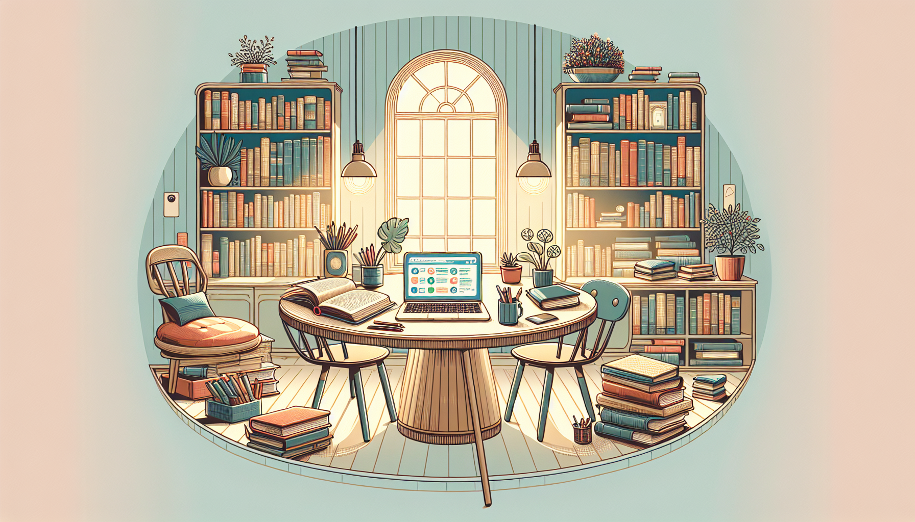 Cozy study with warm lighting and books.