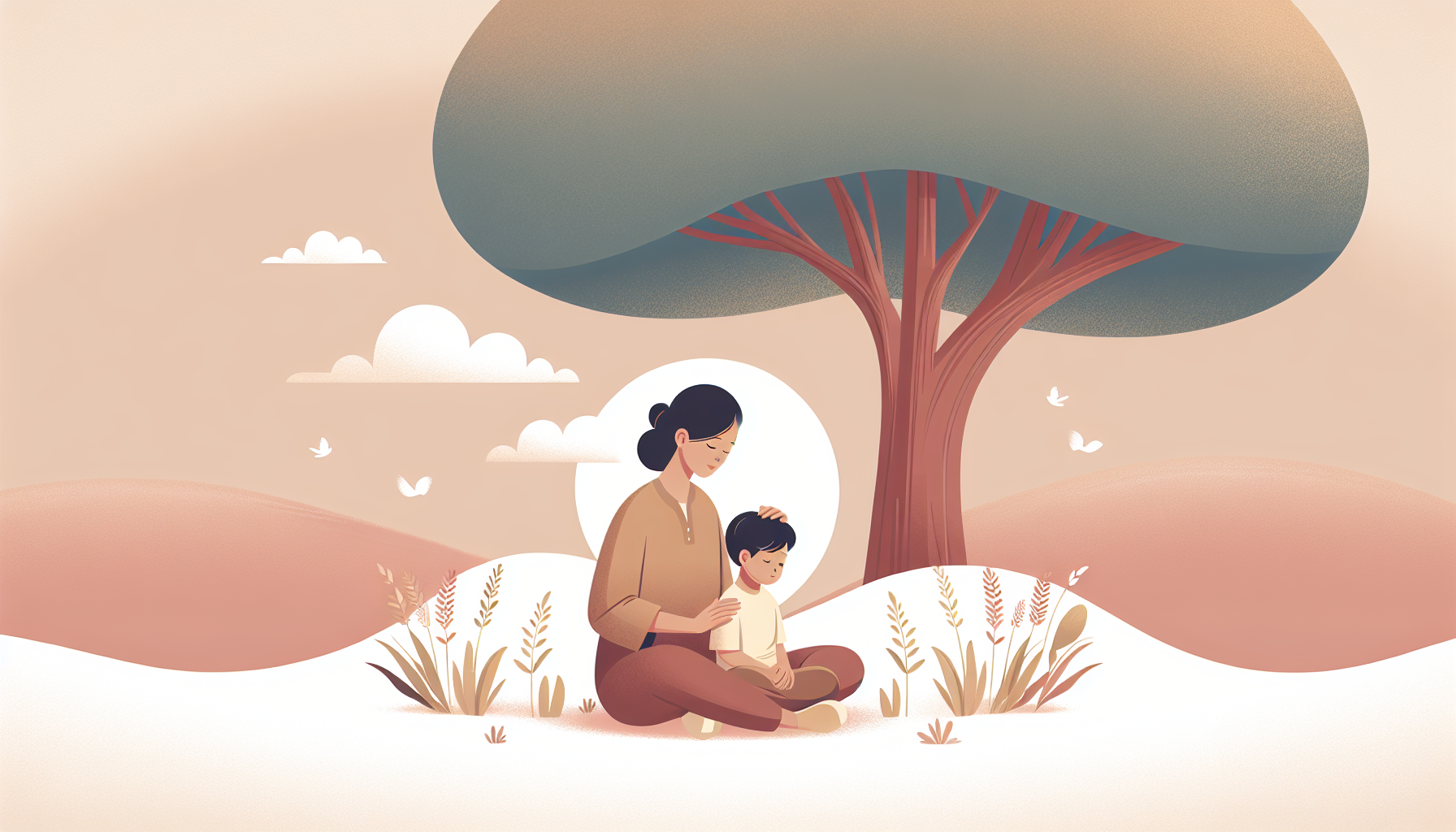 Parent and child under nurturing tree, symbolizing support.