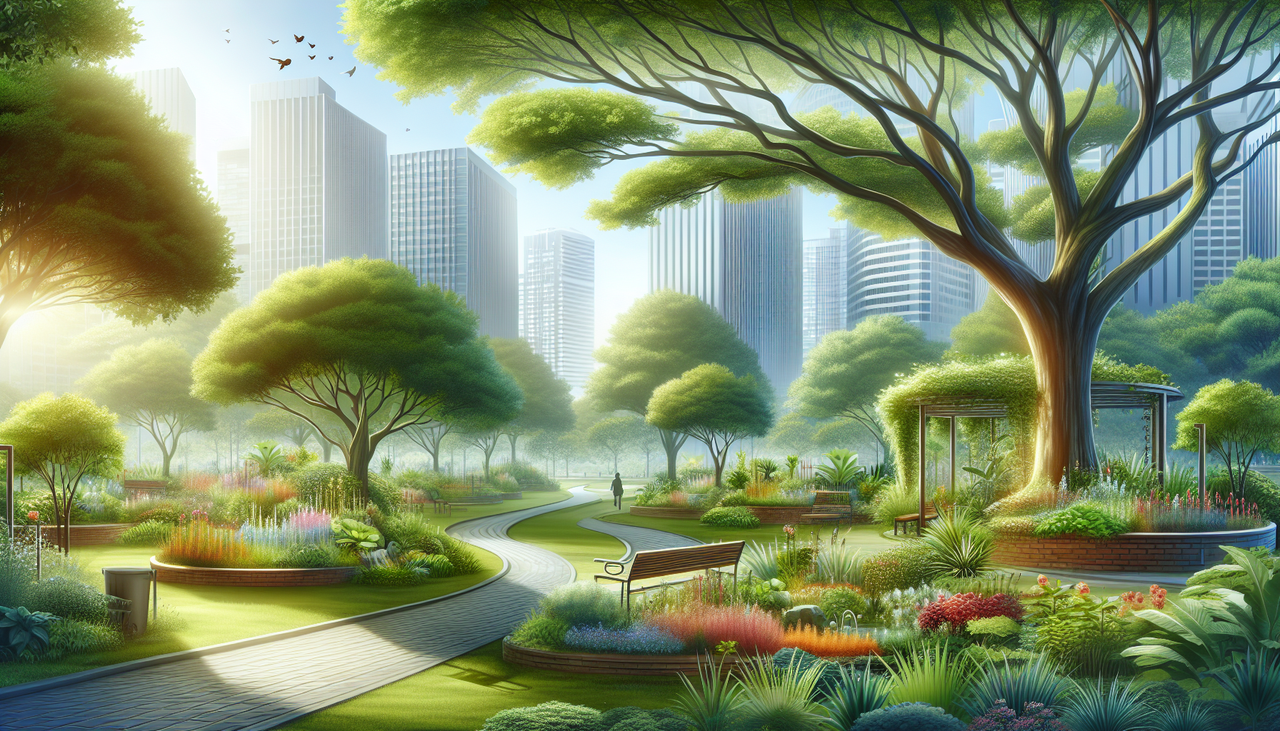 “Serene urban park with greenery and relaxation.”