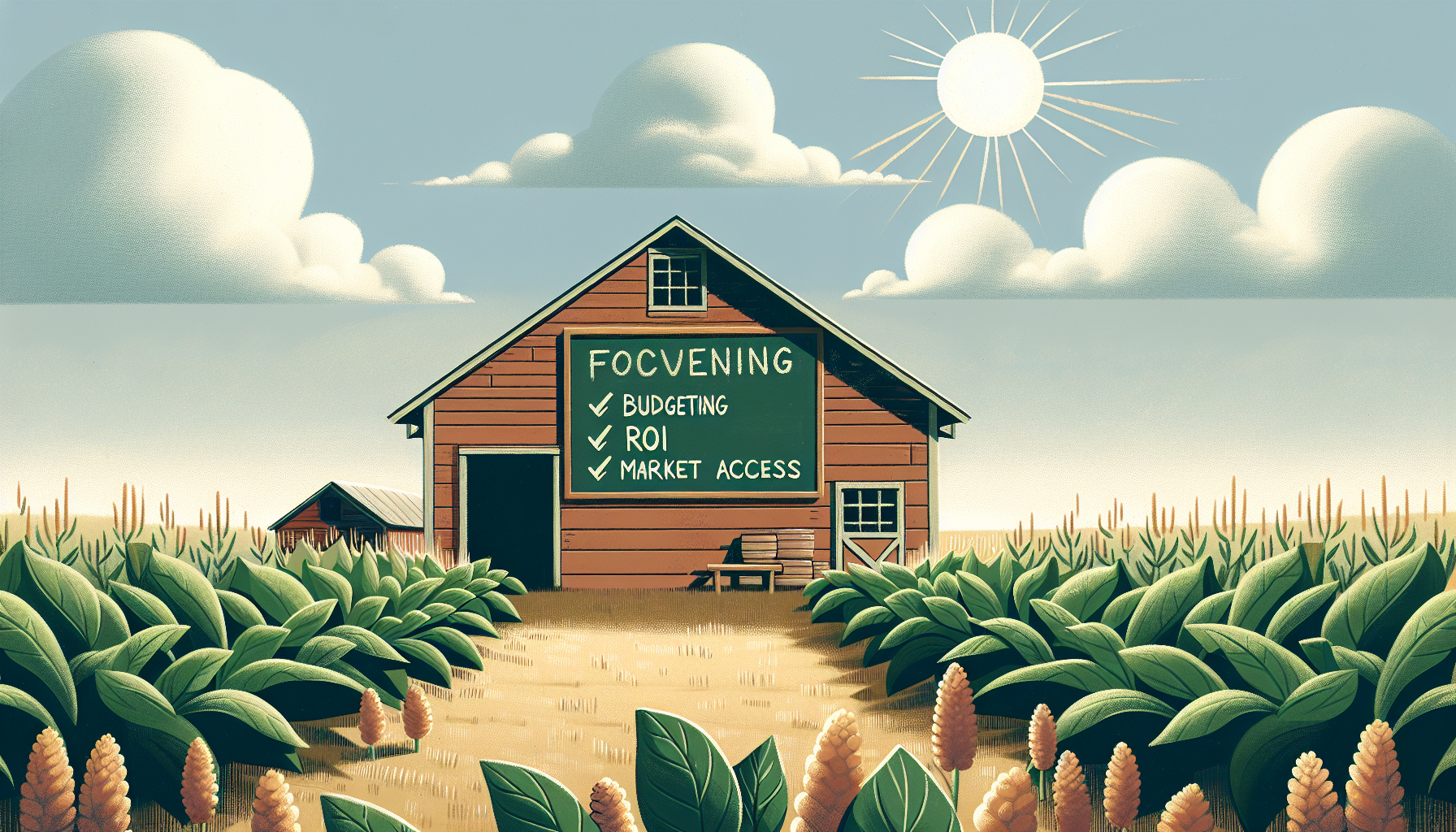 Serene farm scene with financial planning themes.