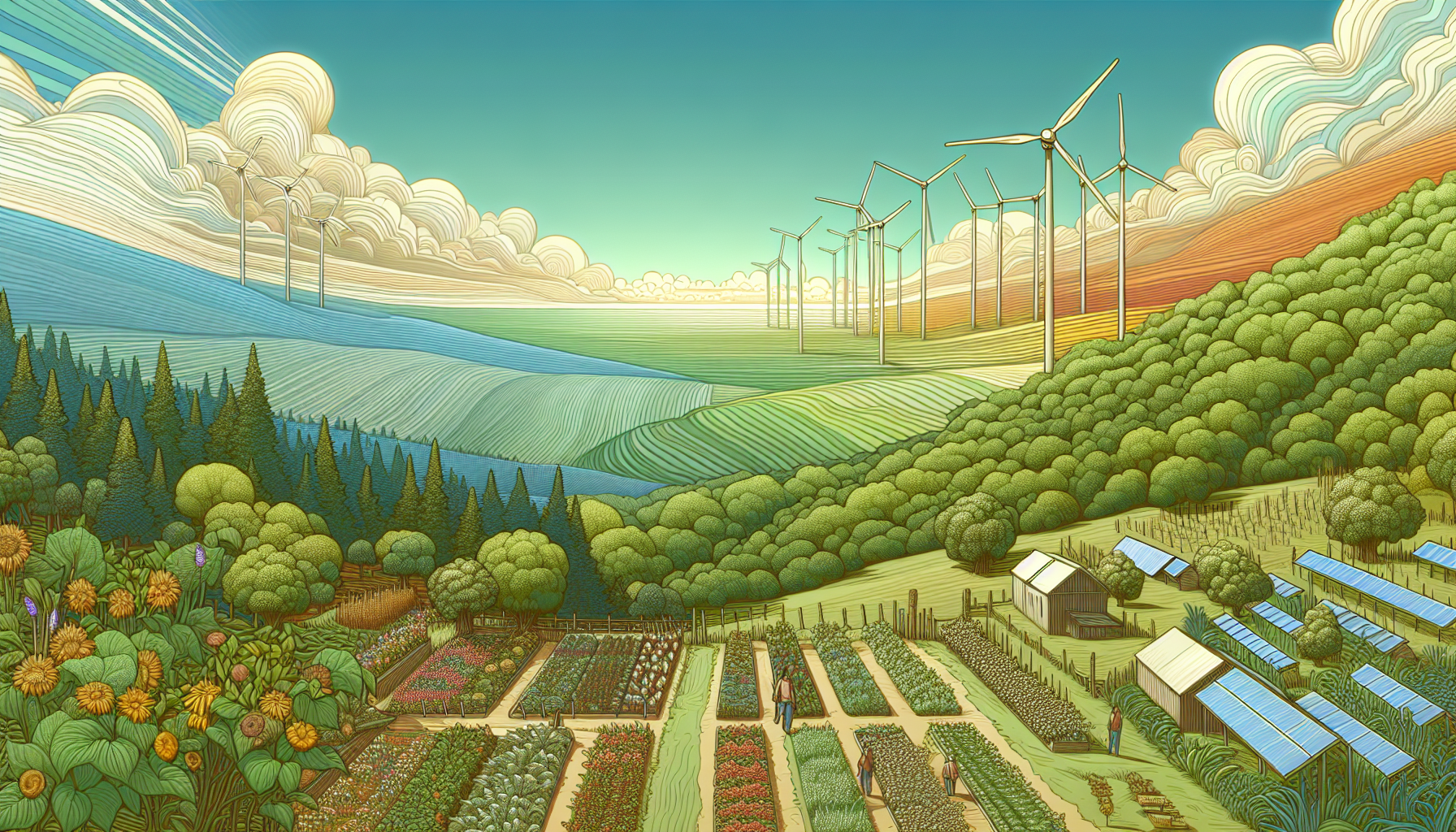 "Community garden and renewable energy landscape."