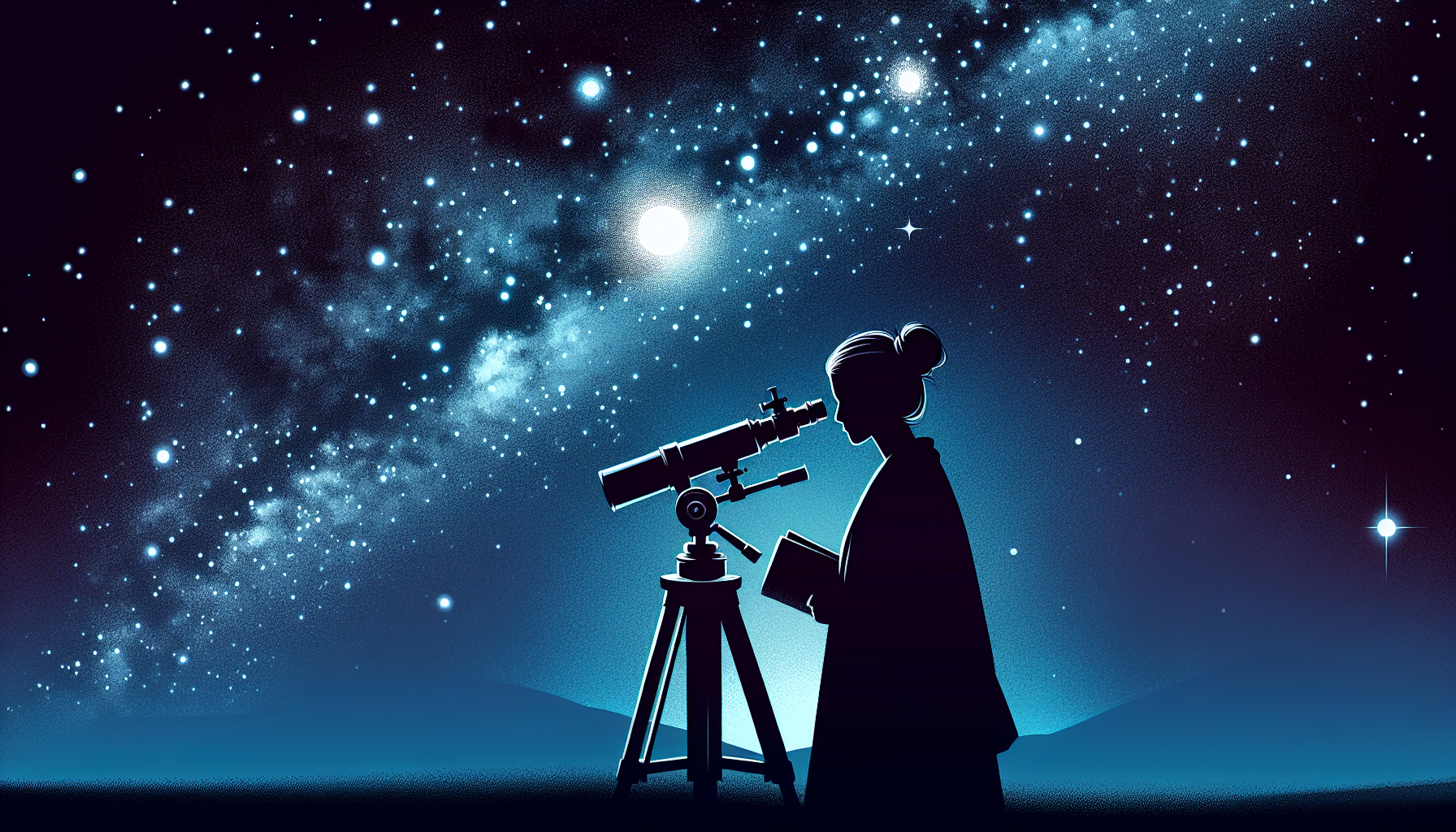 Silhouette stargazer observing a starry night sky.