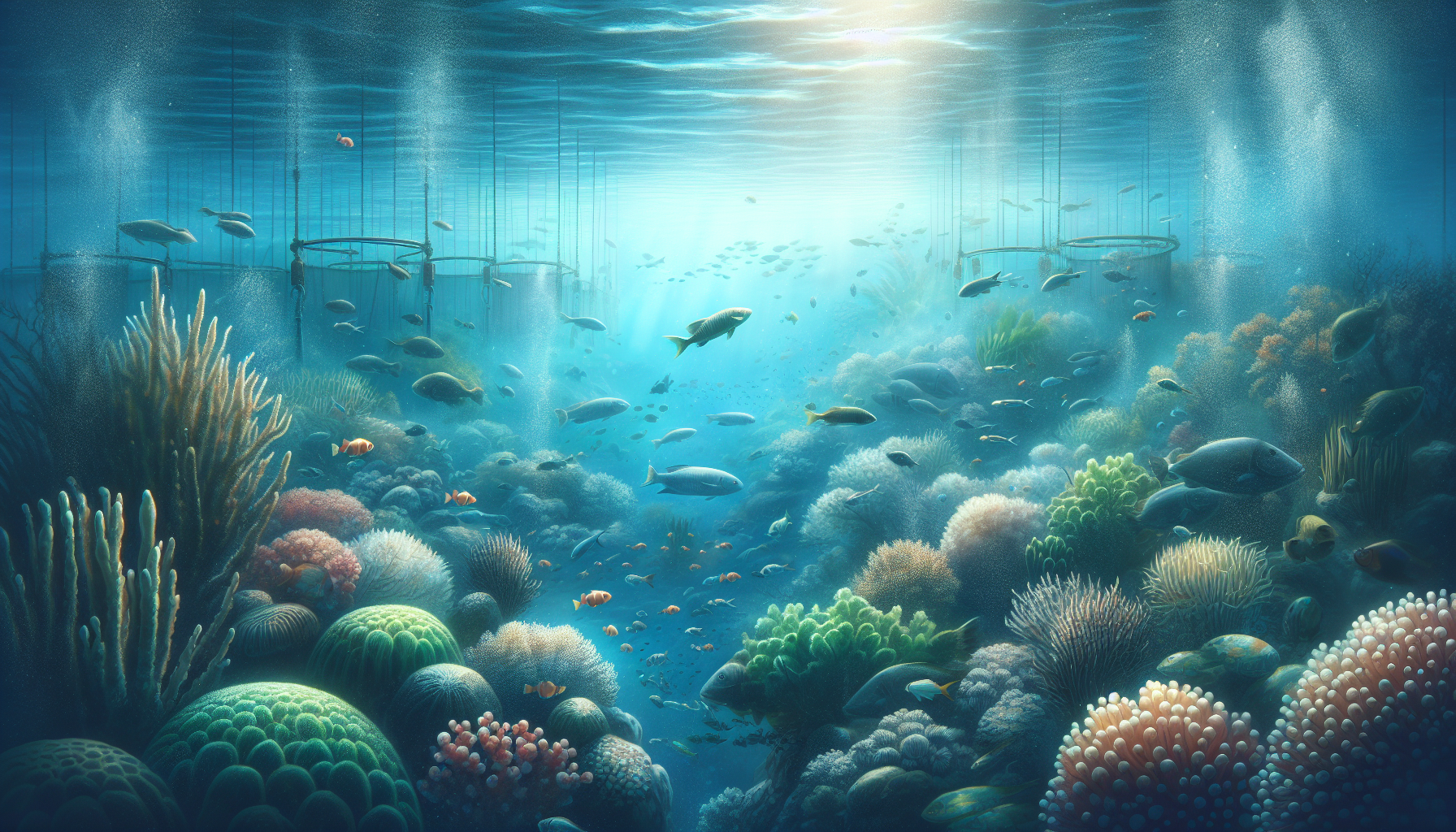 "Serene underwater scene showcasing sustainable aquaculture."