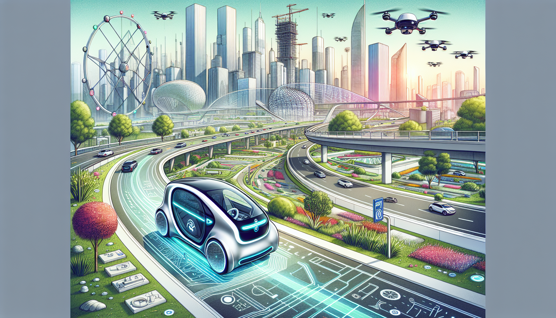 Futuristic electric vehicle in a smart city.