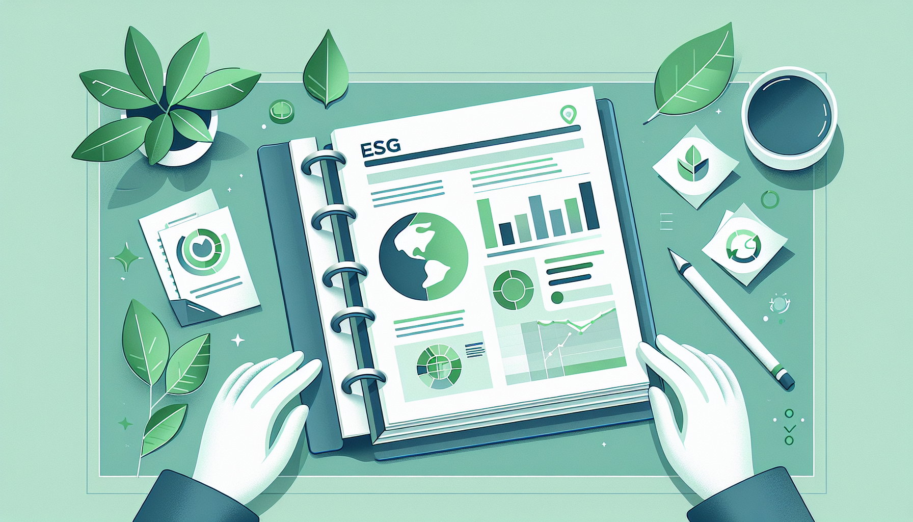 Illustration of ESG reporting with greenery.