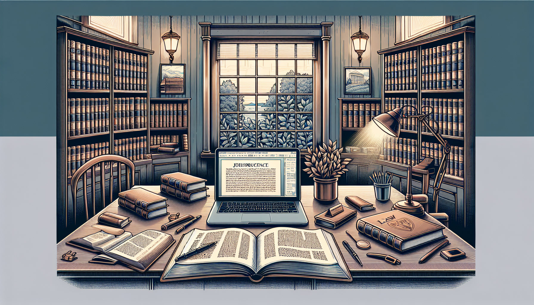 Serene law study scene with books and laptop.